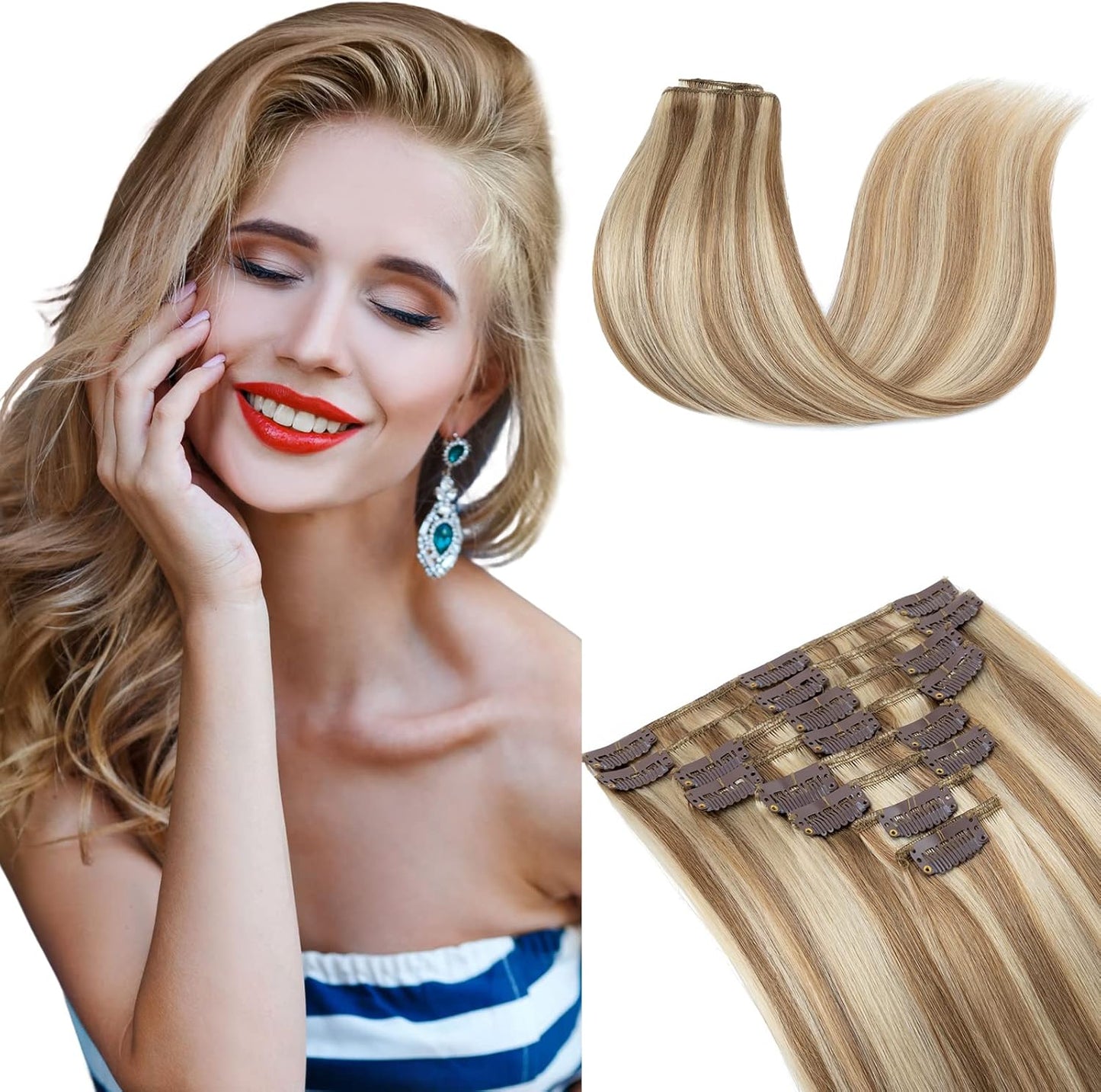 Elailite Clip in Hair Extensions Real Human Hair - 100% Remy Hair Straight 8 Pcs Thin Weft (#12/613 Golden Brown Mix Bleach Blonde, 10 Inch (50 g))