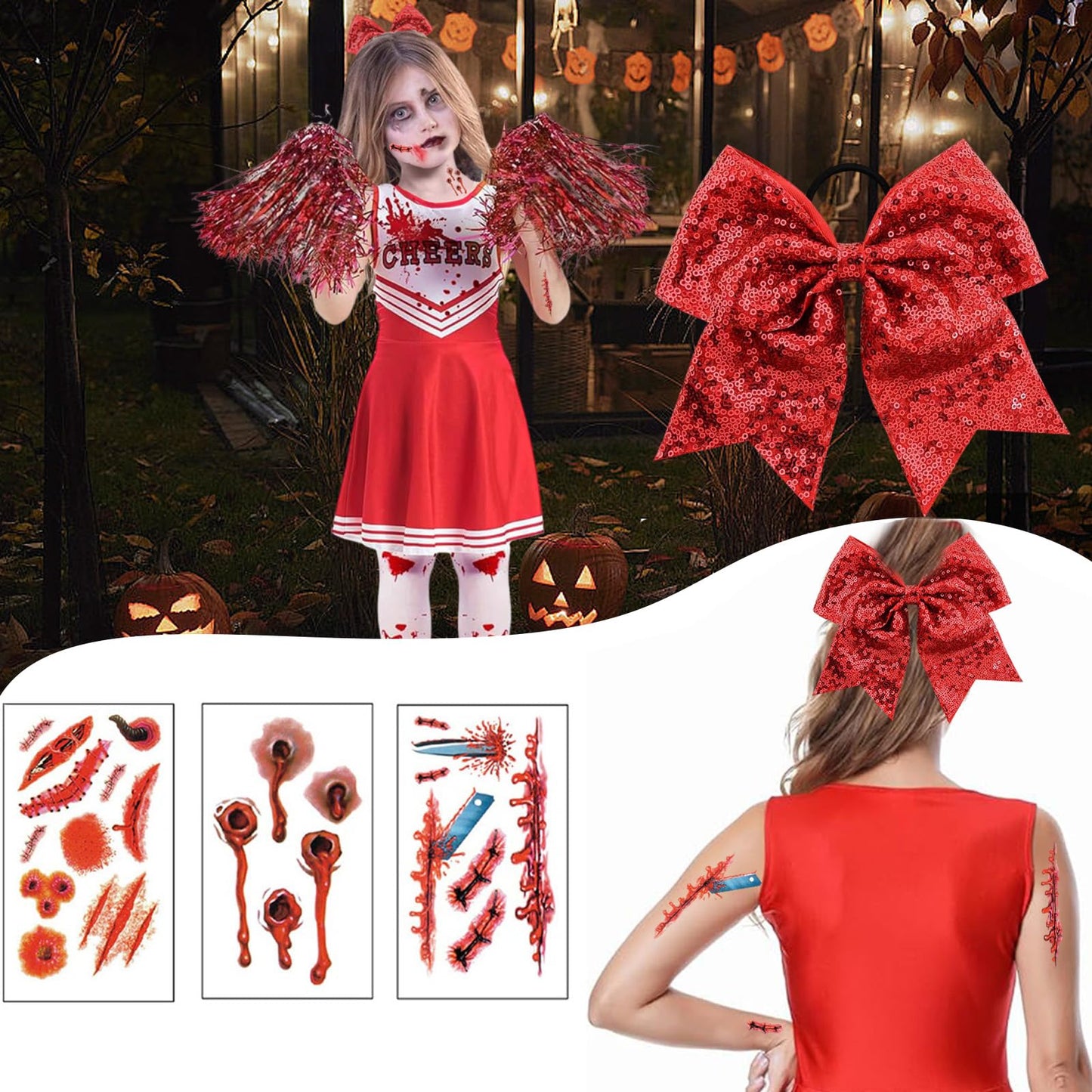 9PCS 130 yards/140 yards Cheerleader Outfit, Zombie Costume Cheerleader, Zombie Fancy Dress Outfit for Girls Girls' Cheerleader Uniform Outfits Womens Costume Cheerleader Costume Dress Outfit Kids