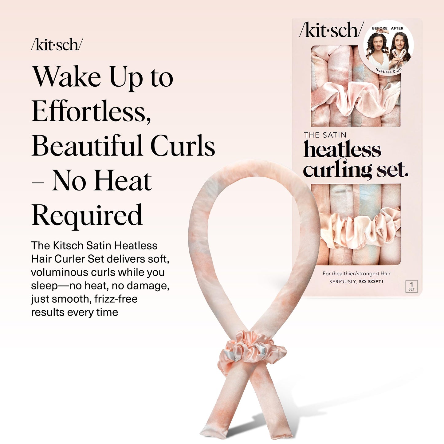 Kitsch Heatless Curling Set - Satin Heatless Curler, Hair Curler No Heat, Heatless Curler for long and short hair, Overnight Curls with 2 Satin Scrunchies and Blowout Rod - Sunset Tie Dye