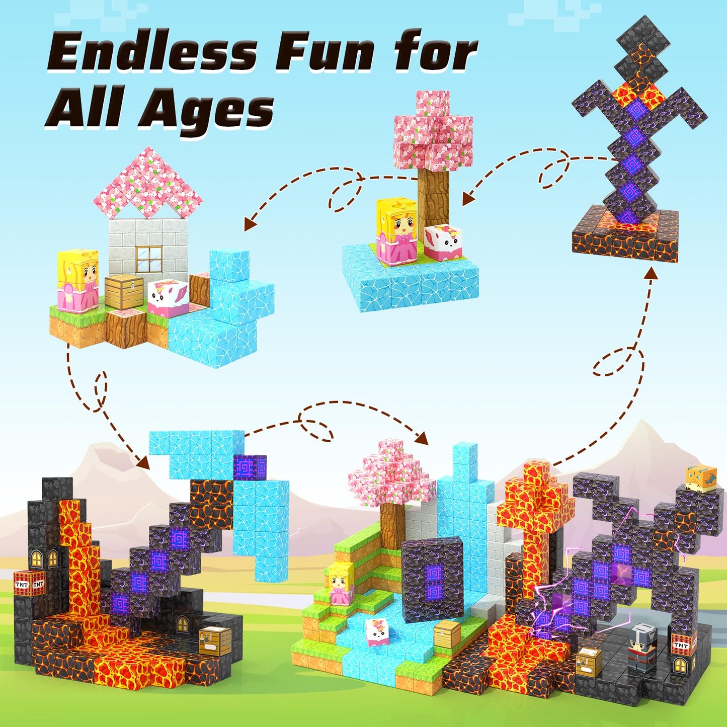 Magnetic Blocks - Build Mine Magnet World Magic Portal Set, Magnetic Tiles Building Blocks Toddler Toy STEM Sensory Outdoor Toys for 3+ Year Old Boys & Girls, Creative Kids Games Kids Toys