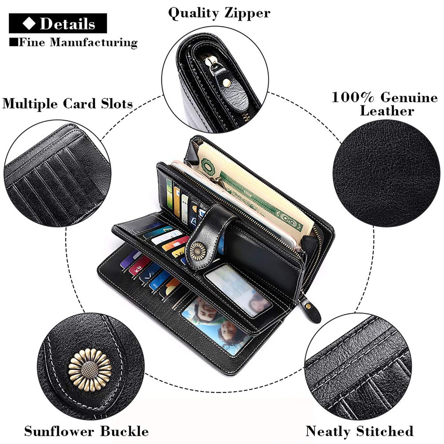 SENDEFN Genuine Leather Purses for Women, RFID Large Ladies Purse, Wallet for Women with Wrist Strap