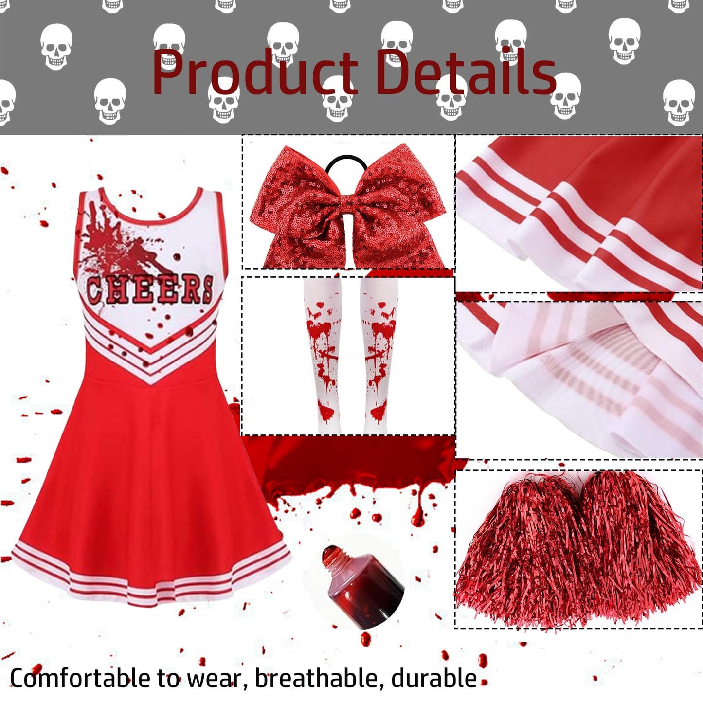 9PCS 130 yards/140 yards Cheerleader Outfit, Zombie Costume Cheerleader, Zombie Fancy Dress Outfit for Girls Girls' Cheerleader Uniform Outfits Womens Costume Cheerleader Costume Dress Outfit Kids