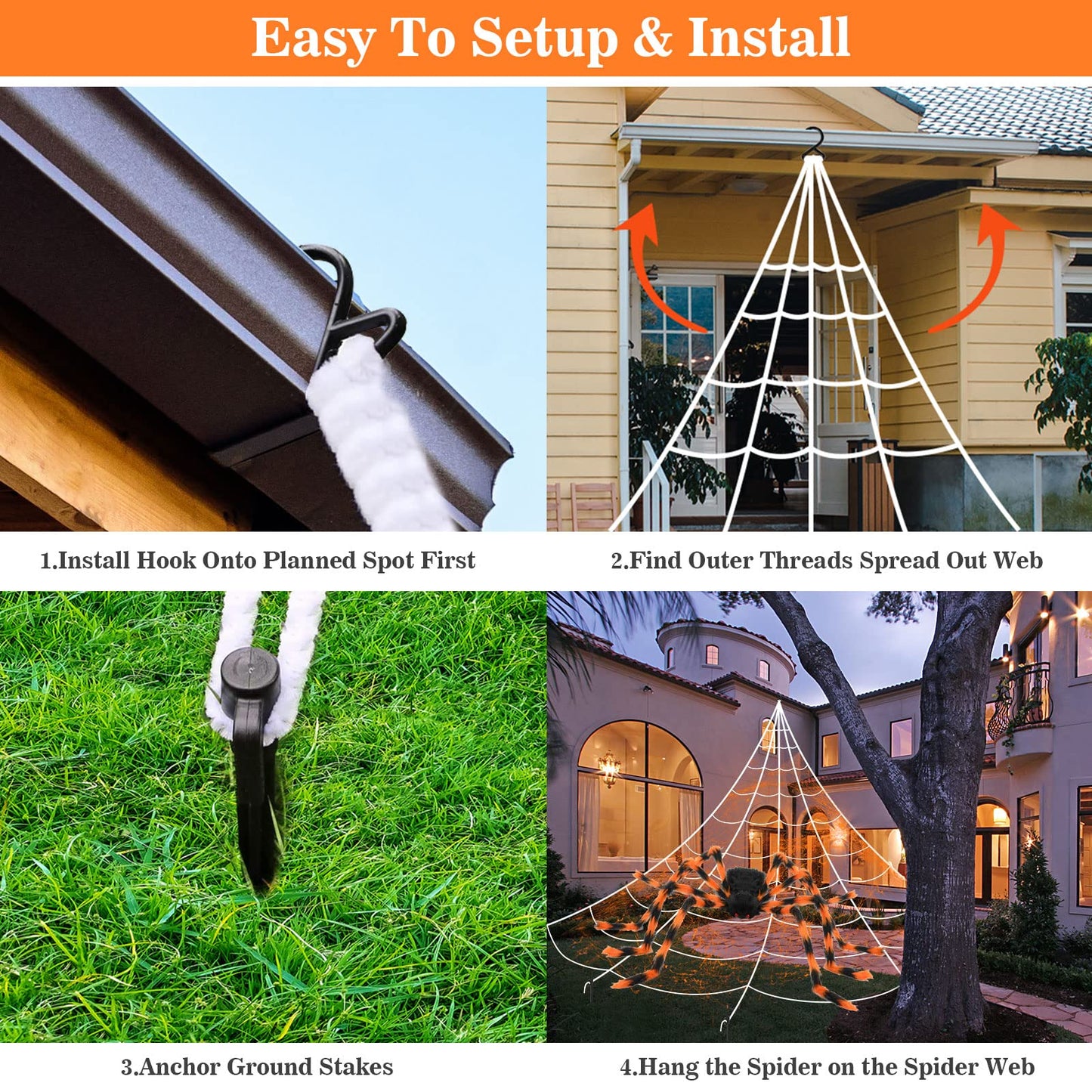 Halloween Decorations Spider Web, 50'' Giant Spider + 200'' Triangular Giant Spider Web and 20G Spider Web, Halloween Spider for Indoor Outdoor Scary Haunted House Spider Web Party Halloween Yard