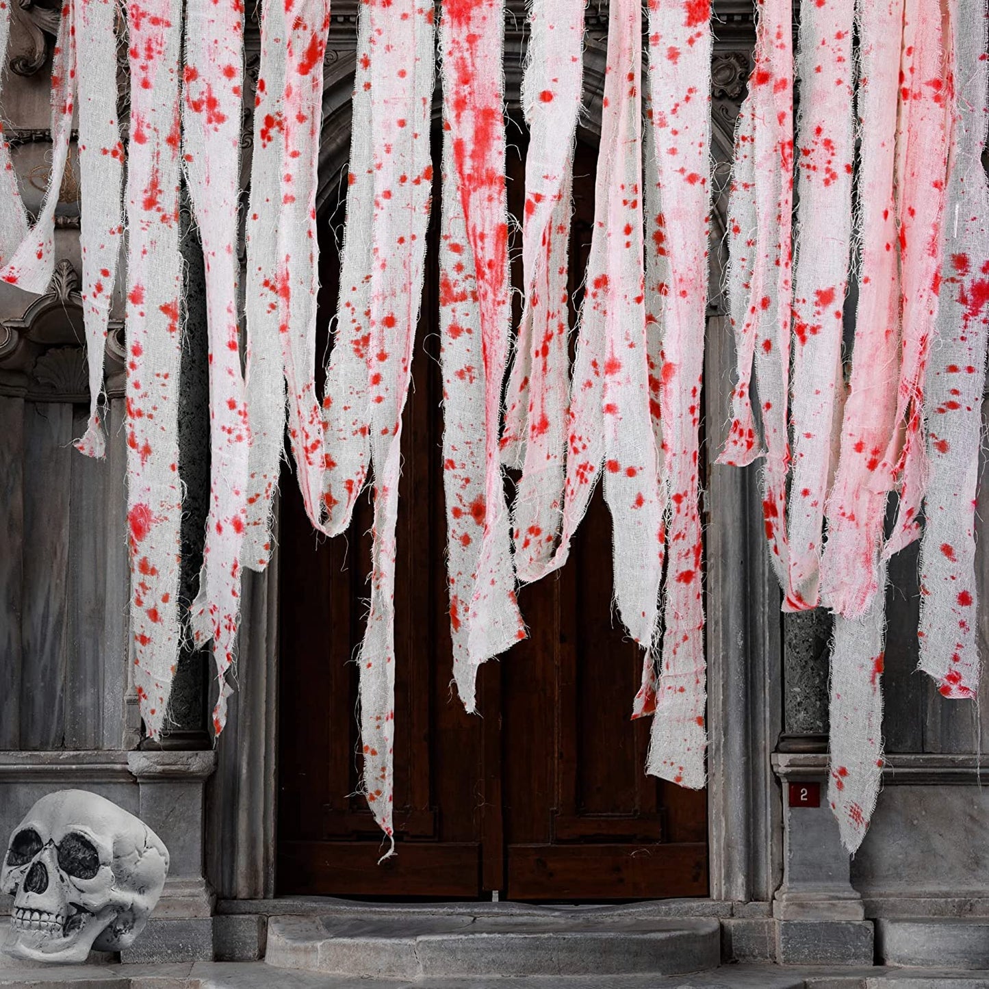 GIONAR 50M Halloween Creepy Blood Cloth - Scary Creepy Cloth with Bloody Prints- Spooky Fabric Blood Strip Drape for Halloween Doorway Curtain Costume Decor