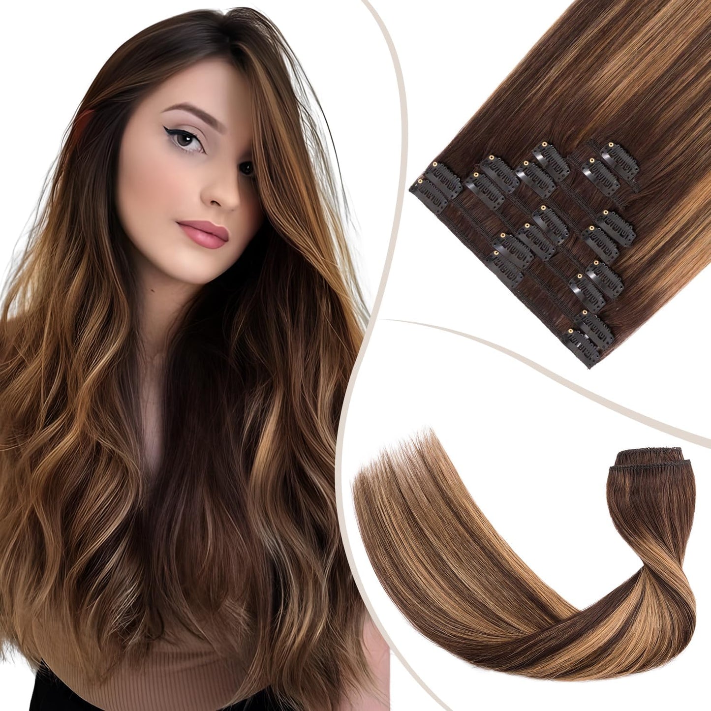 TESS Clip in Hair Extensions Real Human Hair Highlighted Remy Seamless 8 Pieces Straight Short for Women/Girls (#12P613 Golden Brown & Bleach Blonde, 10 Inch 50g)