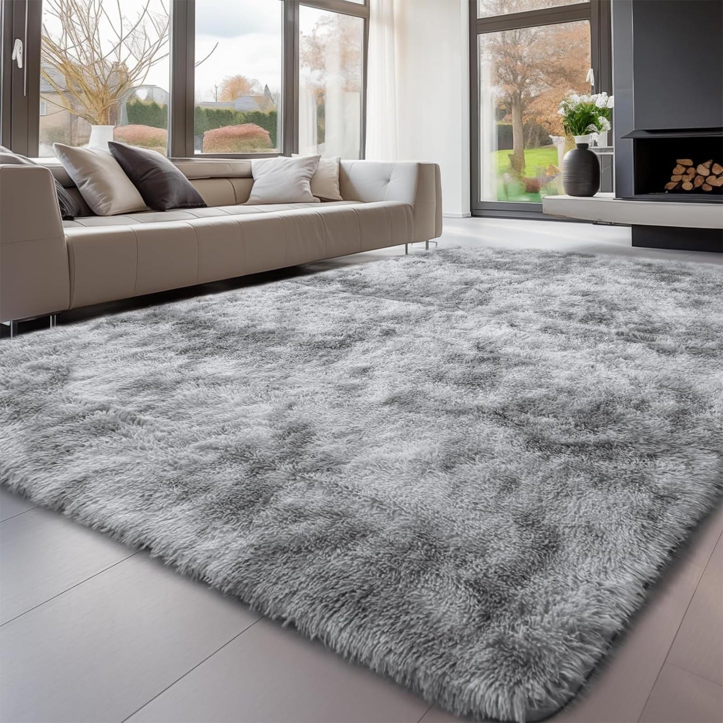 GJWLaie Rugs Living Room Grey Area Rugs for Bedroom Anti Silp Soft Shaggy Tie-Dye Plush Fluffy Living Room Rug Indoor Home Kidsroom Decor Carpet(Grey 120 * 160cm)