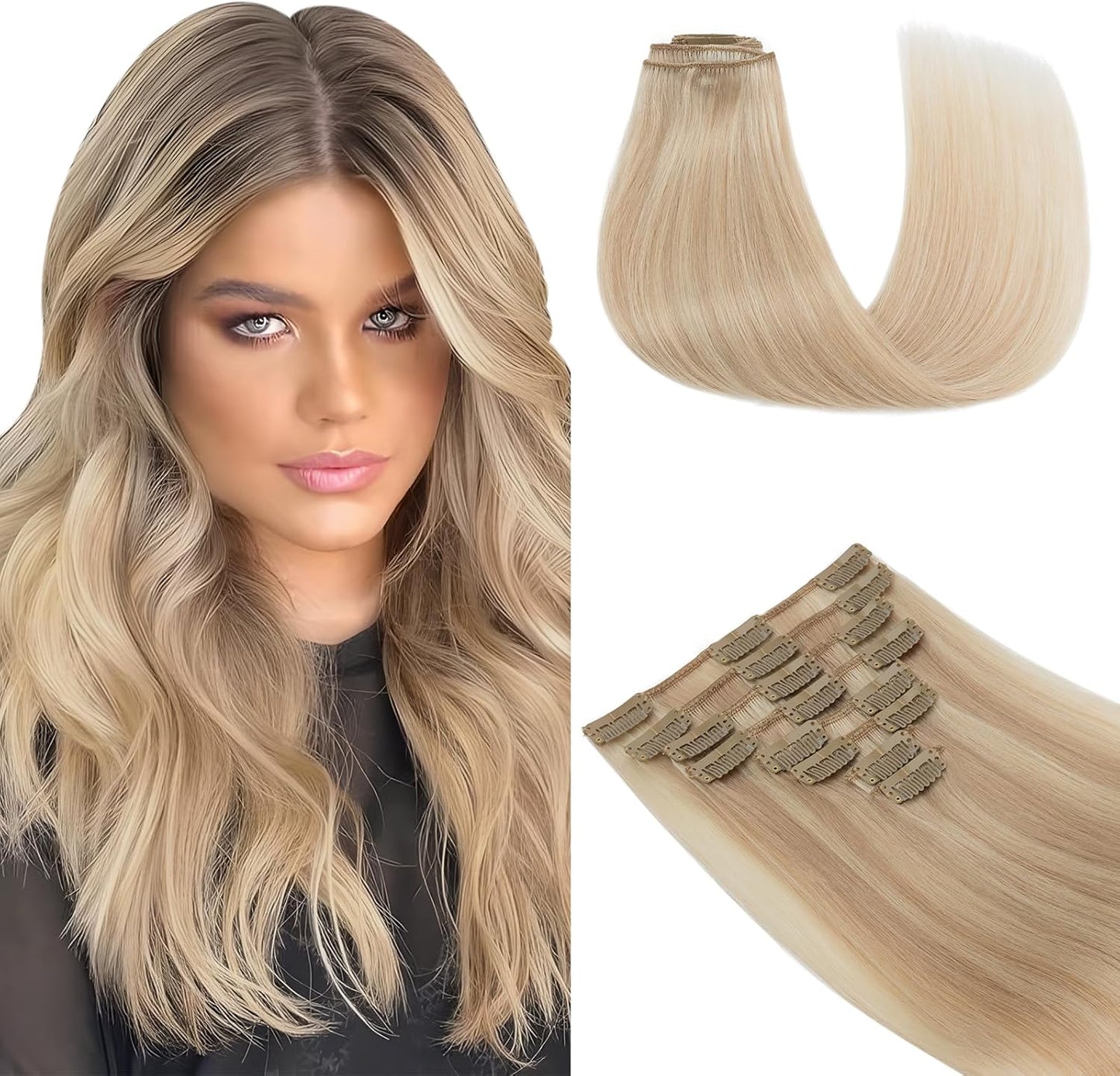 TESS Clip in Hair Extensions Real Human Hair Highlighted Remy Seamless 8 Pieces Straight Short for Women/Girls (#12P613 Golden Brown & Bleach Blonde, 10 Inch 50g)