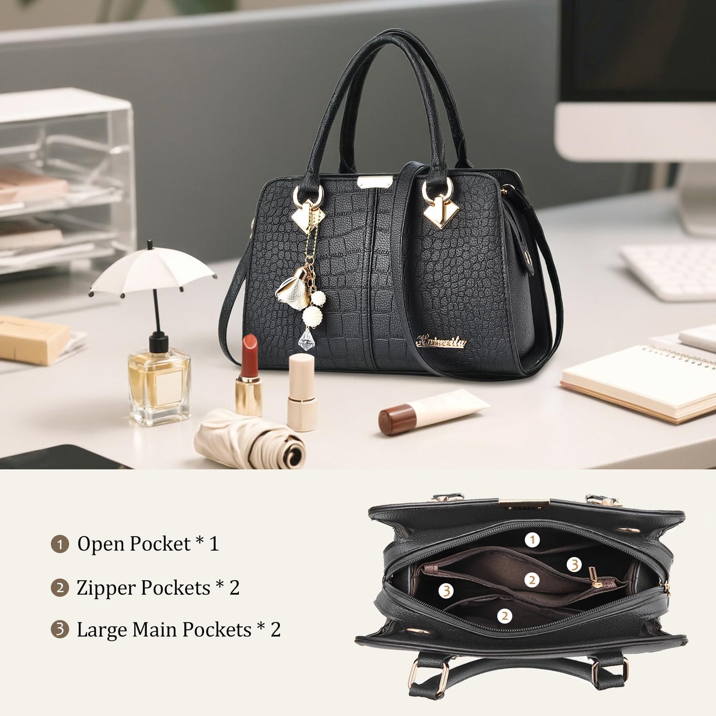 FORRICA Handbags for Women Elegant Pendant Ladies Shoulder Bags Top Handle Crossbody Bag PU Leather for Shopping Work Dating Black B