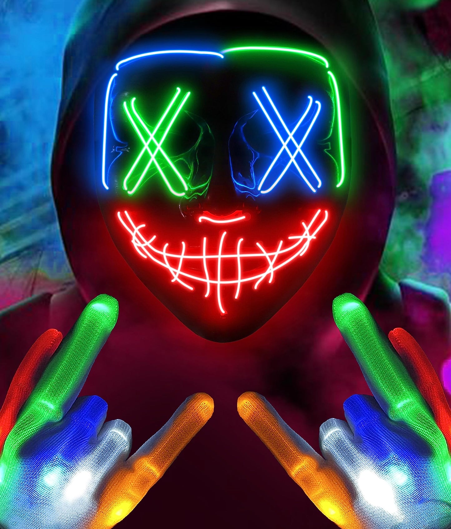 Colplay New LED Halloween Mask & Gloves in Multiple Light Modes, The Purge Mask Costume, Light up Scary Mask Gloves, Halloween Costumes for Women Kids Girls, Anonymous Neon Mask Halloween Gifts