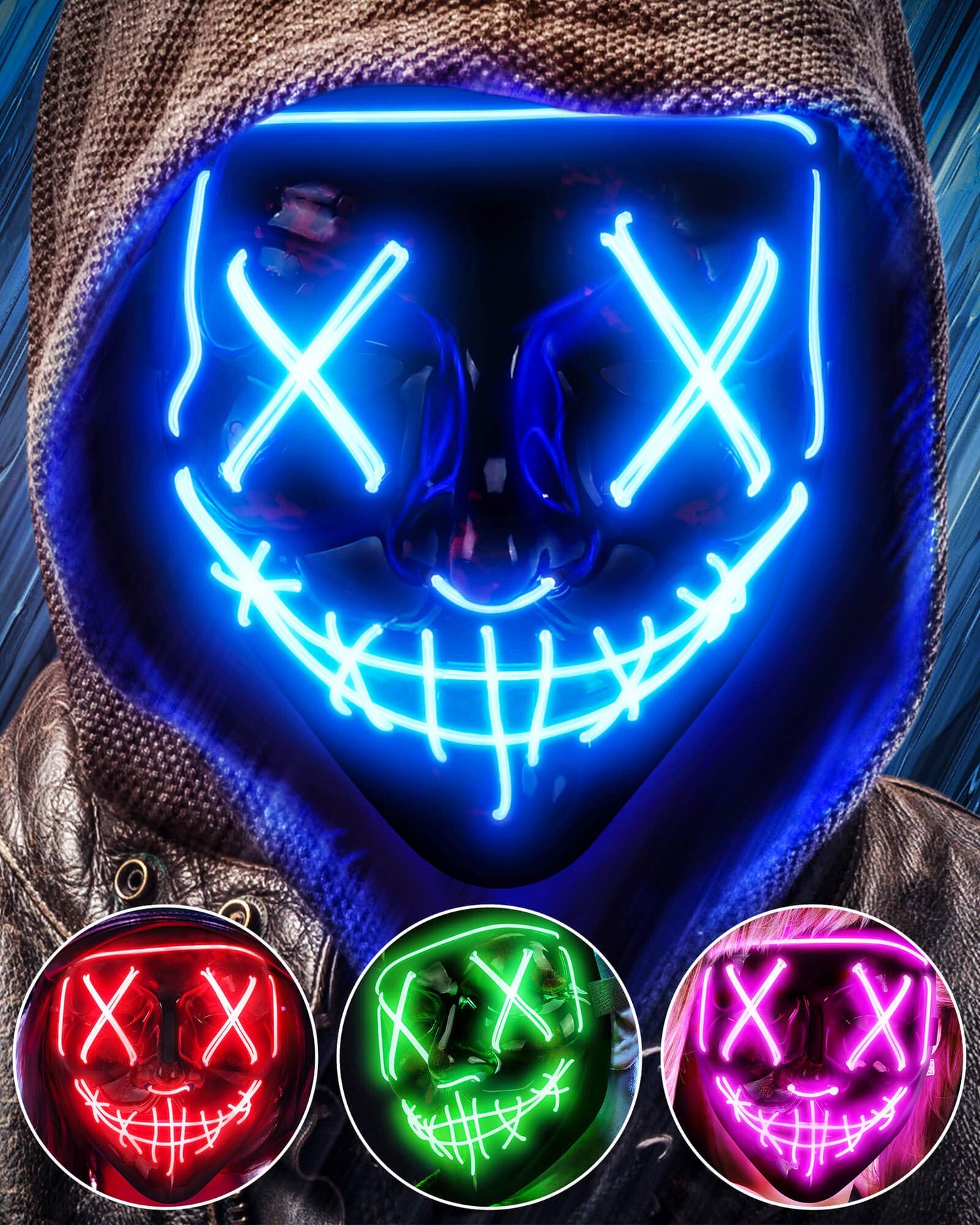 AnanBros Scary LED Halloween Mask, Light up Mask Cosplay, LED Rave Face Mask Costume 3 Lighting Modes, Halloween Face Masks for Men Women Kids