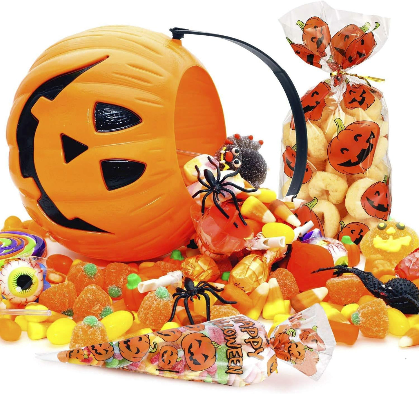 RFWIN 100Pcs Pumpkin Cone Bag Halloween Clear Cellophane Treat Bags Party Favor Bags with Gold Twist Ties for Candy Cookies