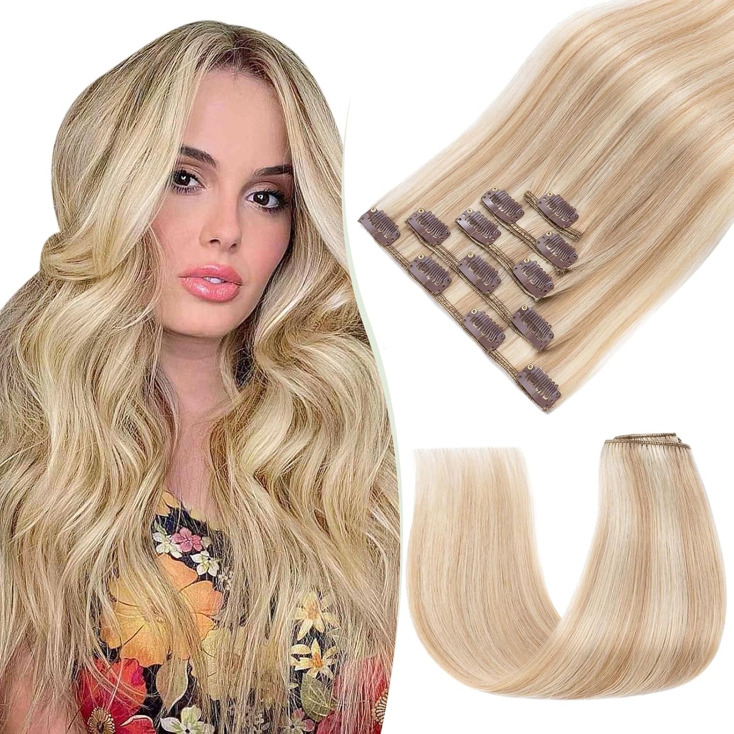 TESS Clip in Hair Extensions Real Human Hair Highlighted Remy Seamless 8 Pieces Straight Short for Women/Girls (#12P613 Golden Brown & Bleach Blonde, 10 Inch 50g)