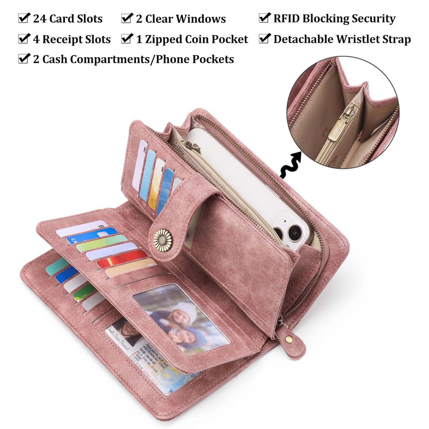 SENDEFN Genuine Leather Purses for Women, RFID Large Ladies Purse, Wallet for Women with Wrist Strap