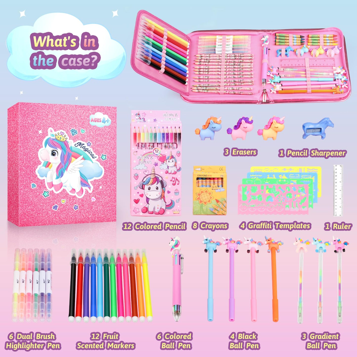Hot Bee Unicorn Gifts for Girls 4 5 6 7, Unicorn Pencil Case Stationary Sets, Girl Toys Age 4-7, Drawing Colouring Set for Kids, Art and Crafts for Kids 4-6, Birthday Presents for Girls