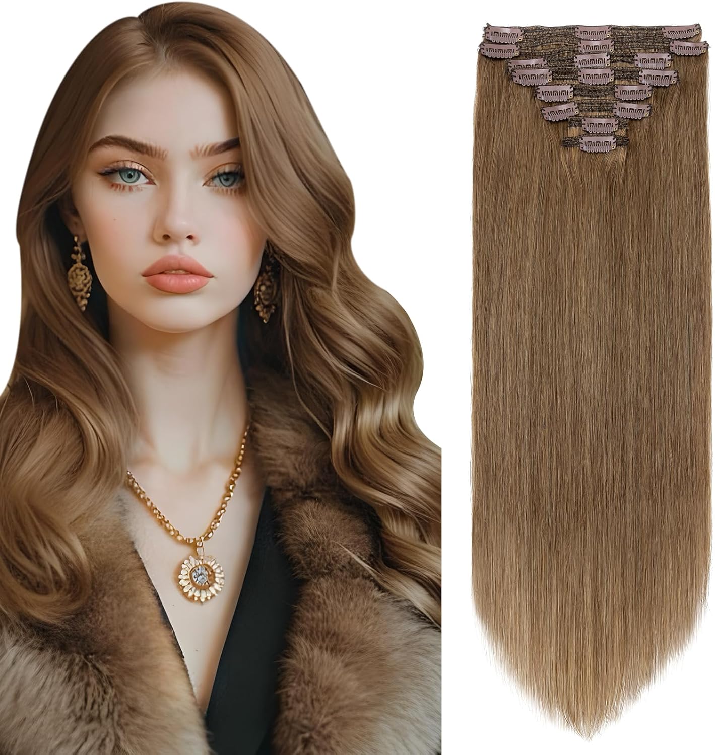 Elailite Clip in Hair Extensions Real Human Hair - 100% Remy Hair Straight 8 Pcs Thin Weft (#12/613 Golden Brown Mix Bleach Blonde, 10 Inch (50 g))