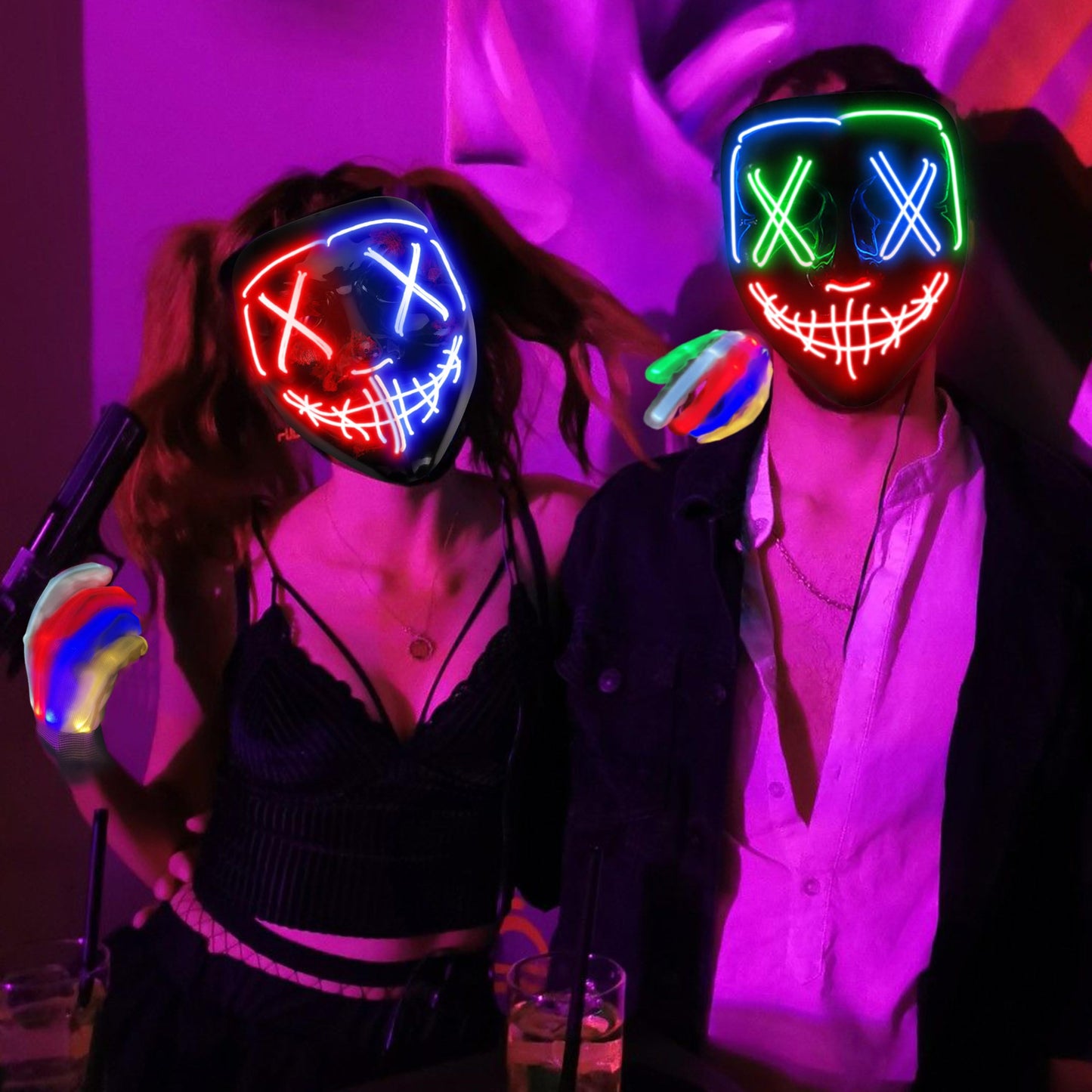 Colplay New LED Halloween Mask & Gloves in Multiple Light Modes, The Purge Mask Costume, Light up Scary Mask Gloves, Halloween Costumes for Women Kids Girls, Anonymous Neon Mask Halloween Gifts