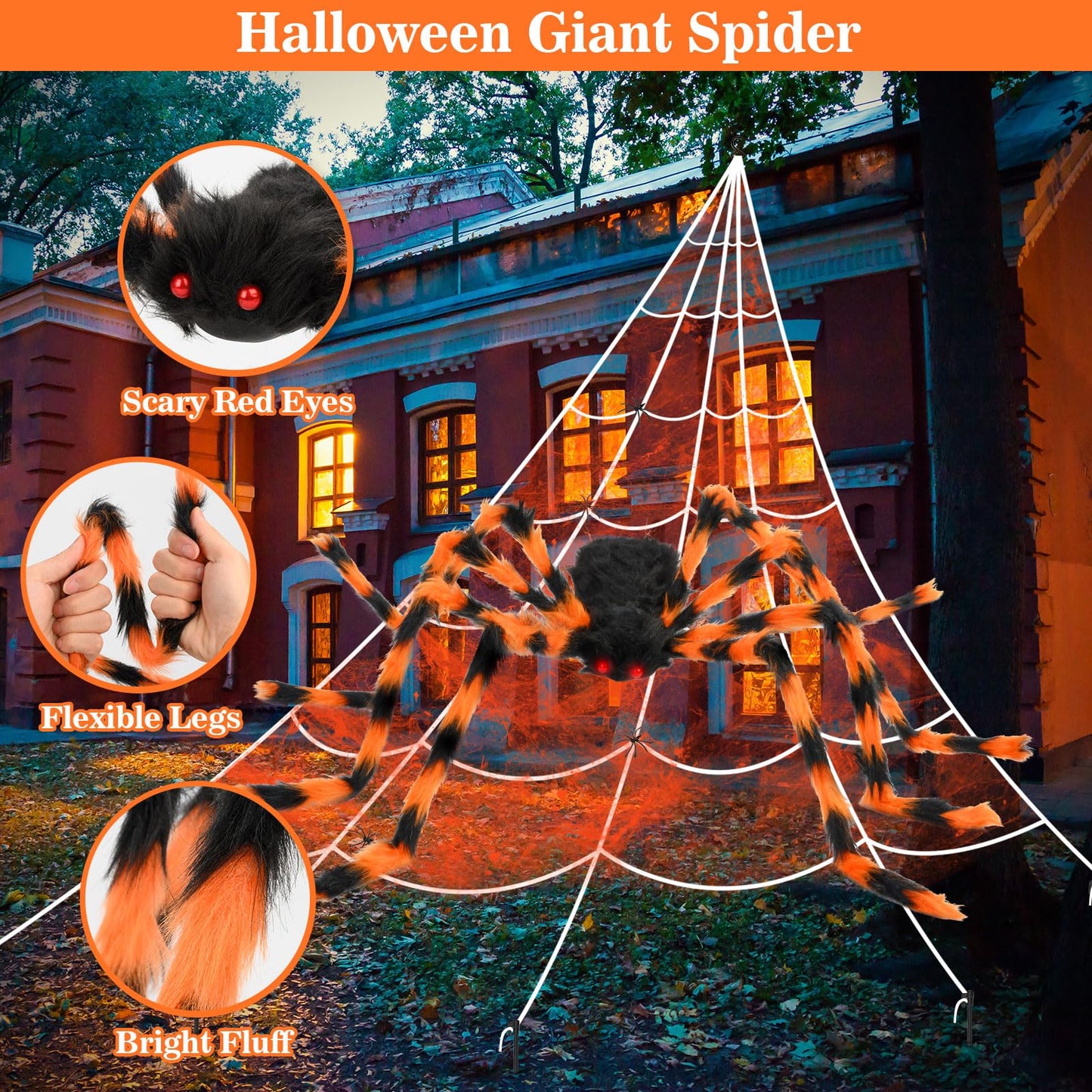 Halloween Decorations Spider Web, 50'' Giant Spider + 200'' Triangular Giant Spider Web and 20G Spider Web, Halloween Spider for Indoor Outdoor Scary Haunted House Spider Web Party Halloween Yard