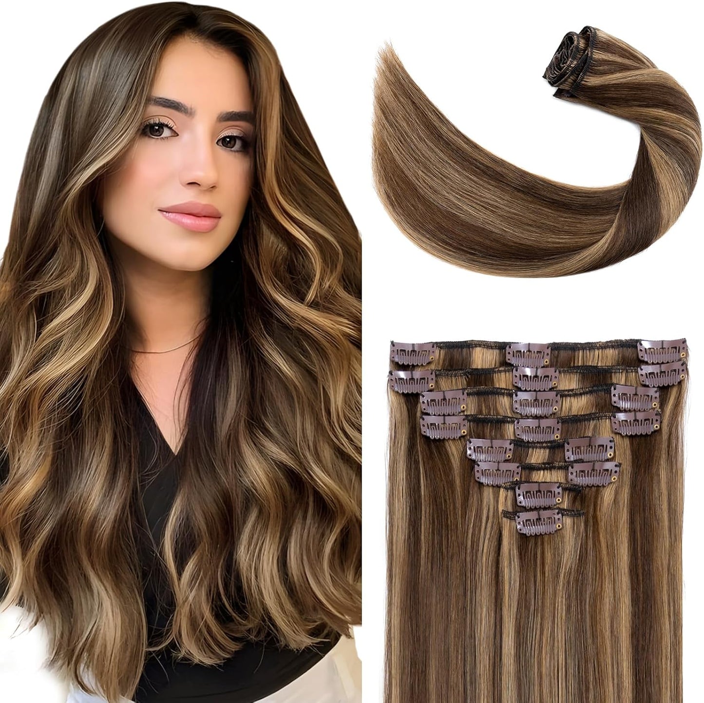 Elailite Clip in Hair Extensions Real Human Hair - 100% Remy Hair Straight 8 Pcs Thin Weft (#12/613 Golden Brown Mix Bleach Blonde, 10 Inch (50 g))