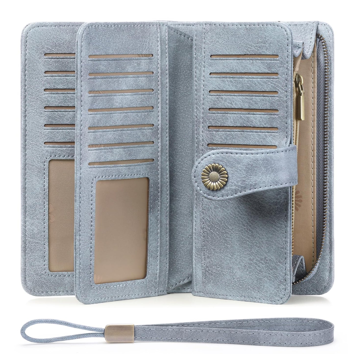 SENDEFN Genuine Leather Purses for Women, RFID Large Ladies Purse, Wallet for Women with Wrist Strap