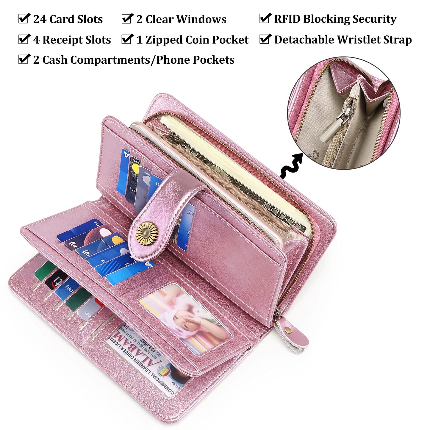 SENDEFN Genuine Leather Purses for Women, RFID Large Ladies Purse, Wallet for Women with Wrist Strap