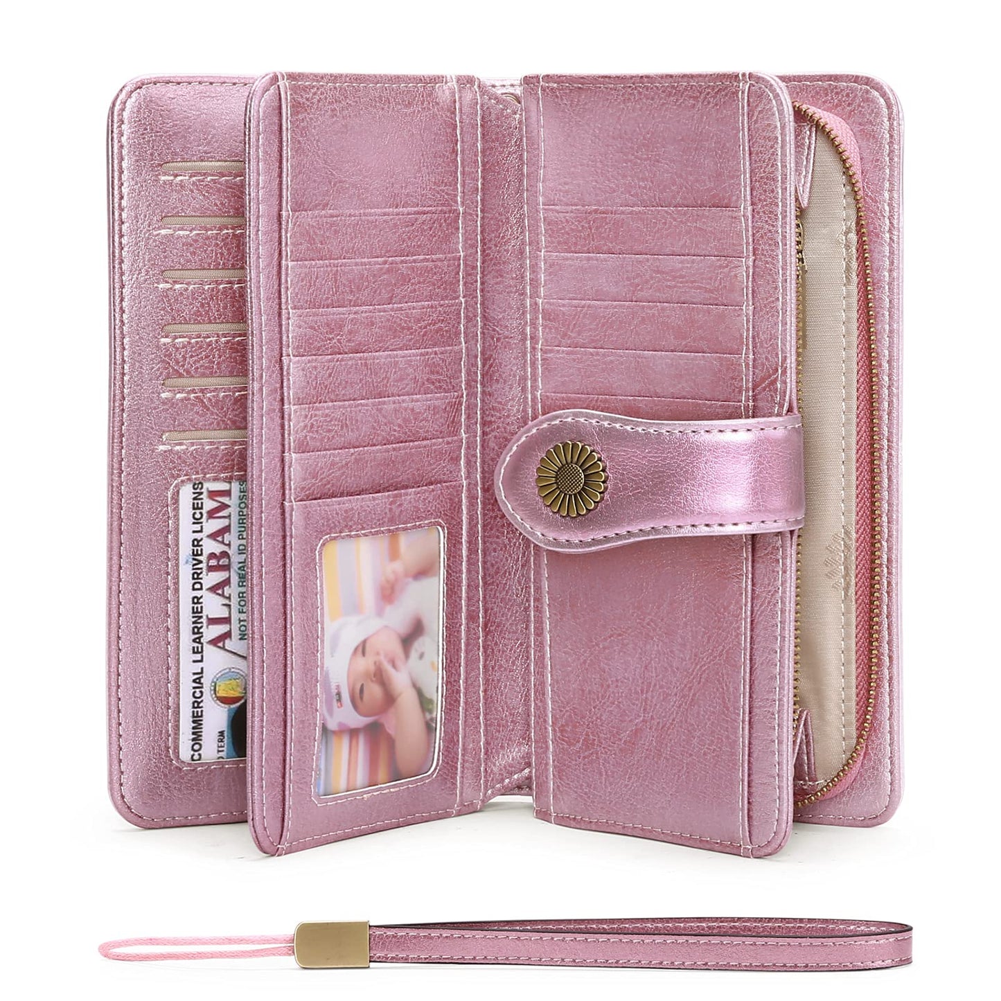 SENDEFN Genuine Leather Purses for Women, RFID Large Ladies Purse, Wallet for Women with Wrist Strap