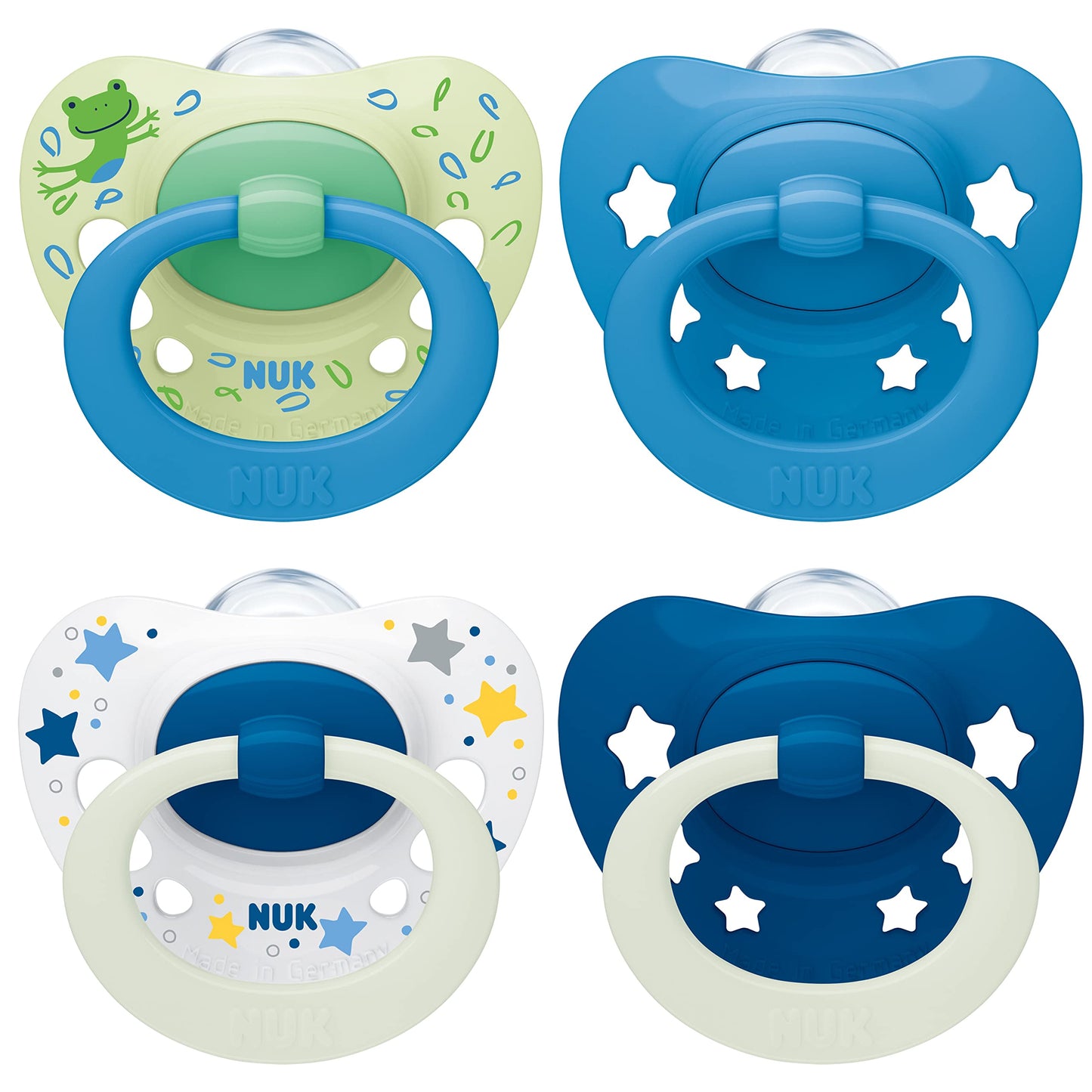 NUK Signature Day & Night Baby Dummy | 18-36 months | Soothes 95% of Babies | Heart-Shaped BPA-Free Silicone Soothers | Glow-in-the-Dark | Stars | 4 Count