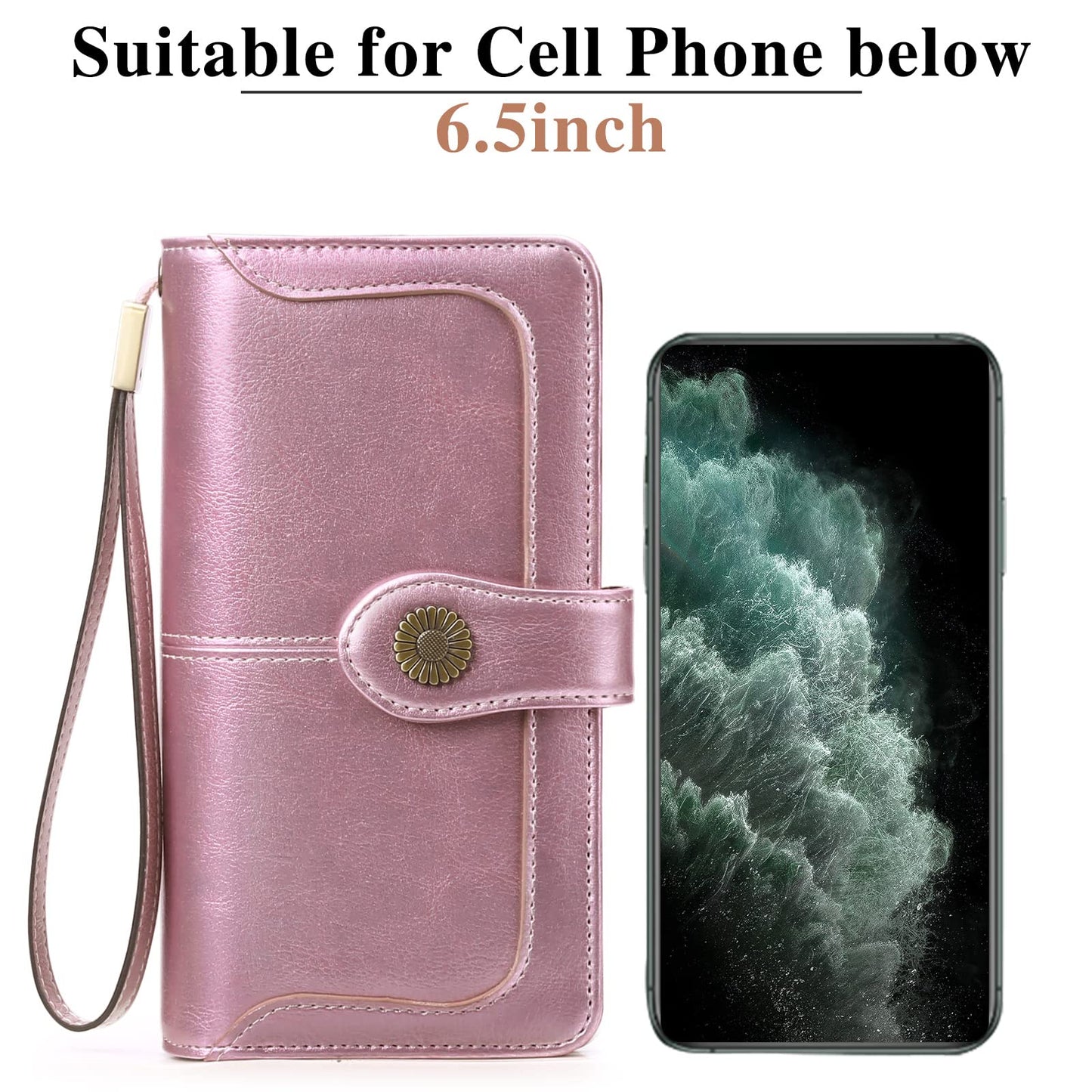 SENDEFN Genuine Leather Purses for Women, RFID Large Ladies Purse, Wallet for Women with Wrist Strap