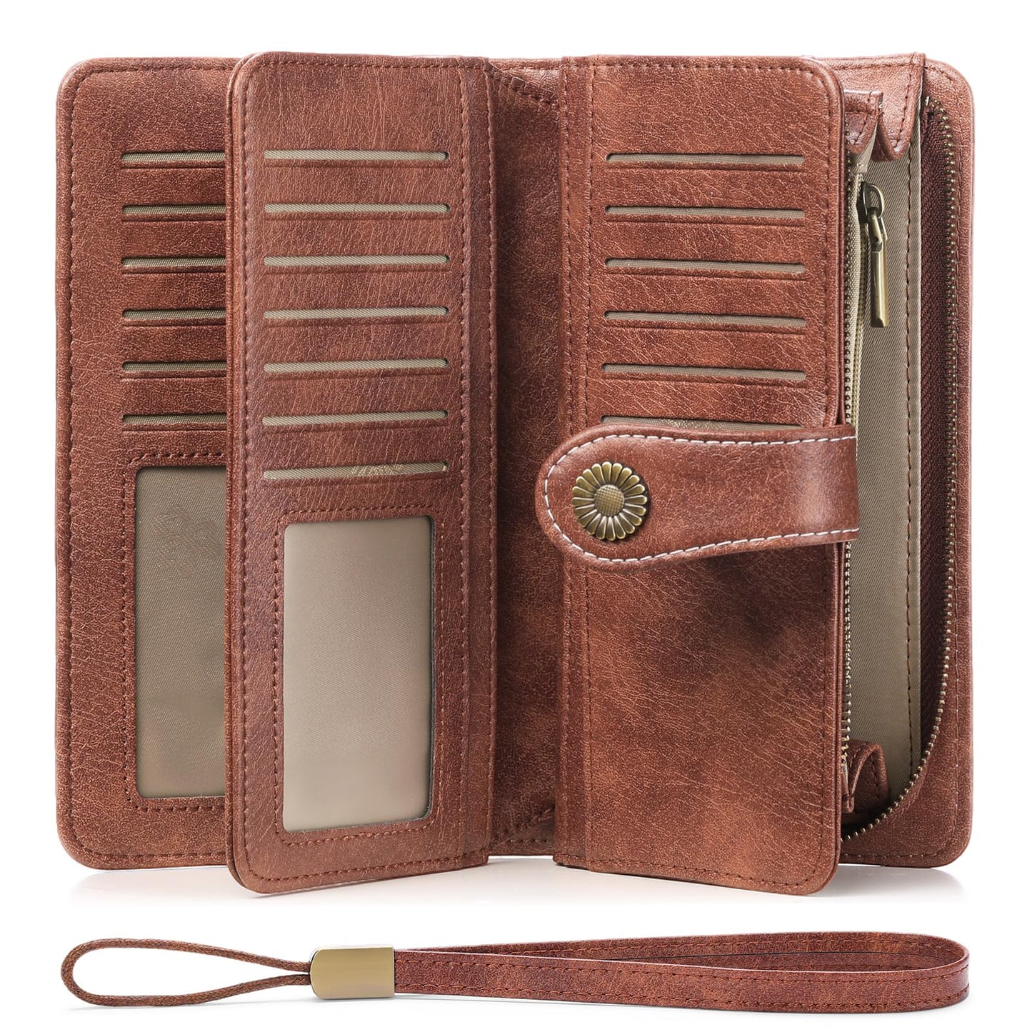 SENDEFN Genuine Leather Purses for Women, RFID Large Ladies Purse, Wallet for Women with Wrist Strap