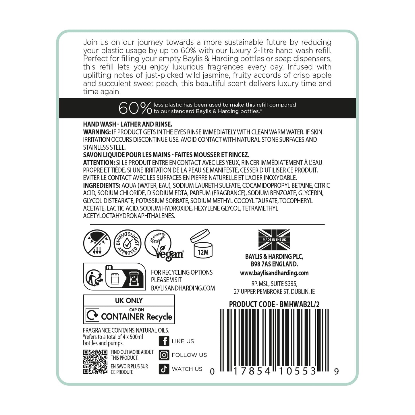 Baylis & Harding Jasmine and Apple Blossom Anti-Bacterial Hand Wash, 500 ml (Pack of 3) - Vegan Friendly