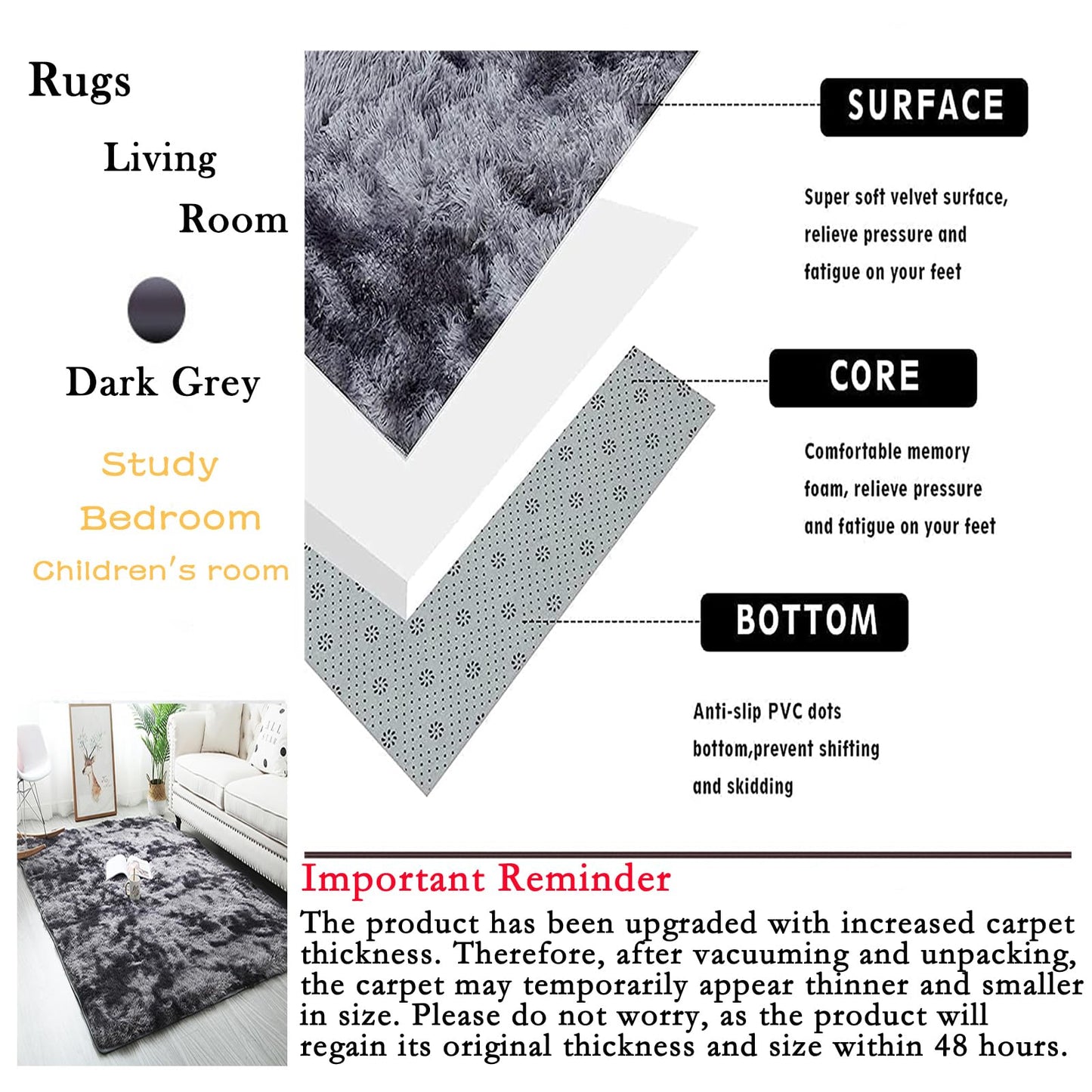 GJWLaie Rugs Living Room Grey Area Rugs for Bedroom Anti Silp Soft Shaggy Tie-Dye Plush Fluffy Living Room Rug Indoor Home Kidsroom Decor Carpet(Grey 120 * 160cm)