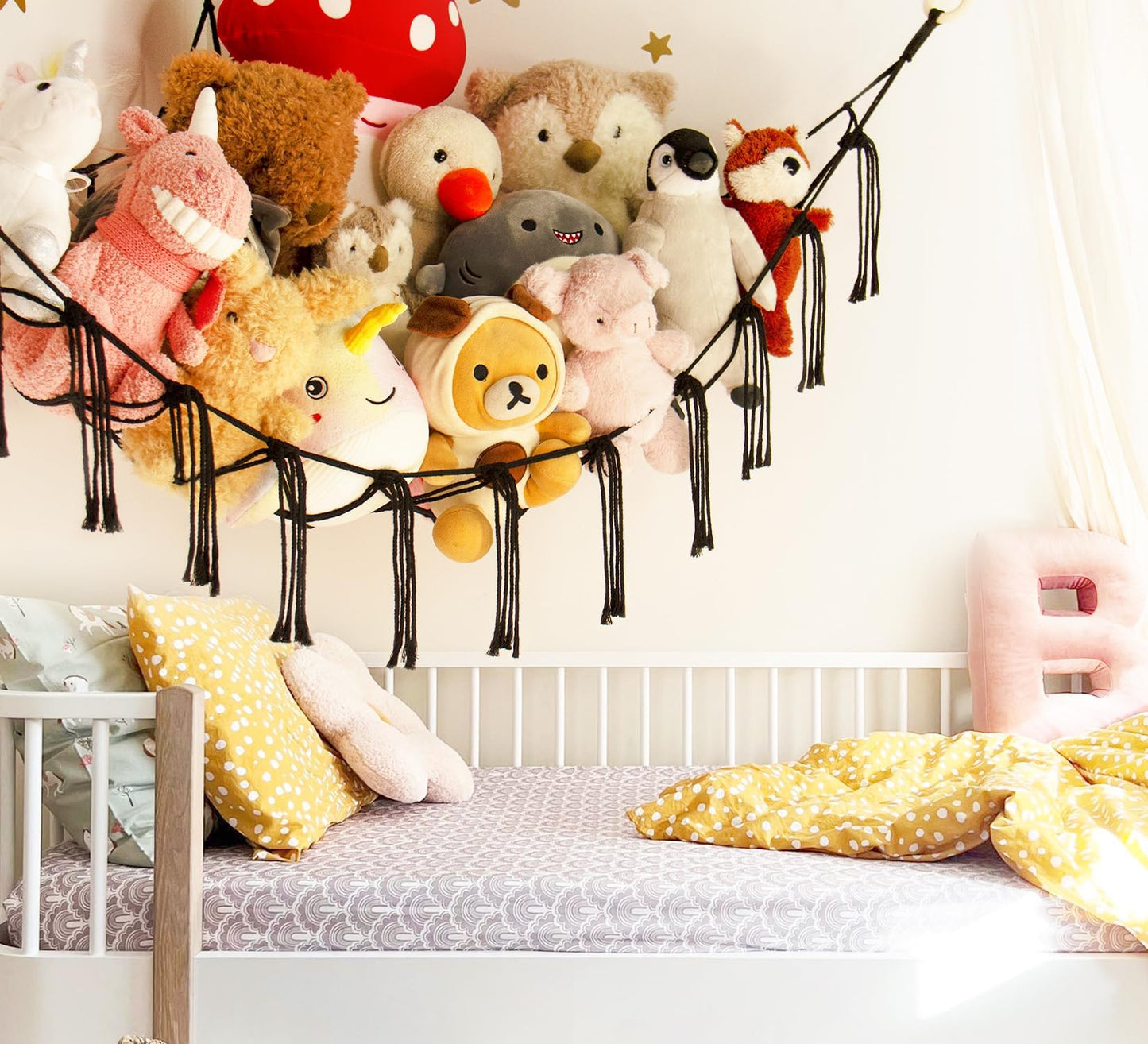 Stuffed Animal Storage Hammock - Baby Toy Hammock Net for Stuffed Animals Cute Room Decor -Large Stuff Animal Organizer Holder for Plush Plushie - Kids Nursery Beige Bedroom Home Decor