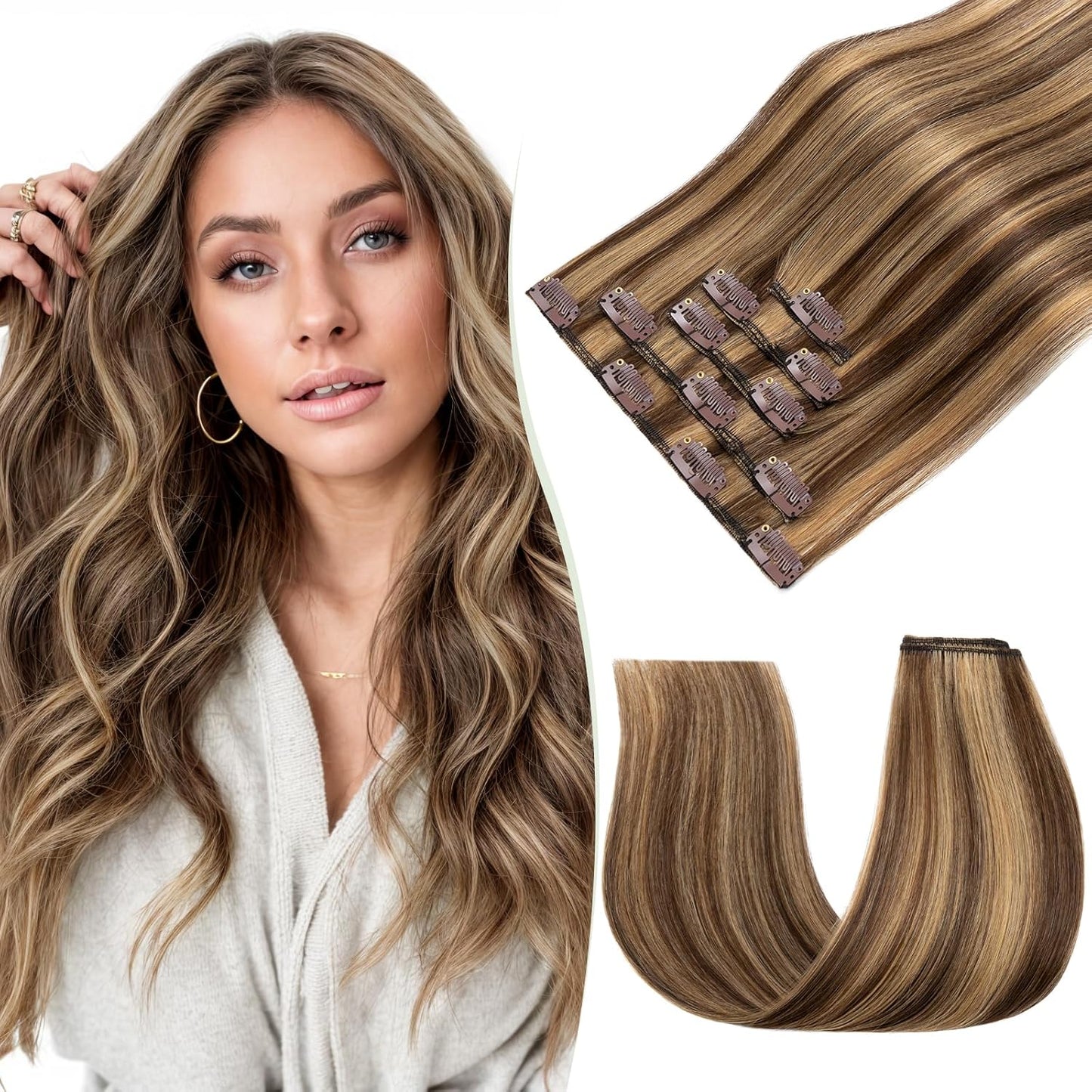 TESS Clip in Hair Extensions Real Human Hair Highlighted Remy Seamless 8 Pieces Straight Short for Women/Girls (#12P613 Golden Brown & Bleach Blonde, 10 Inch 50g)