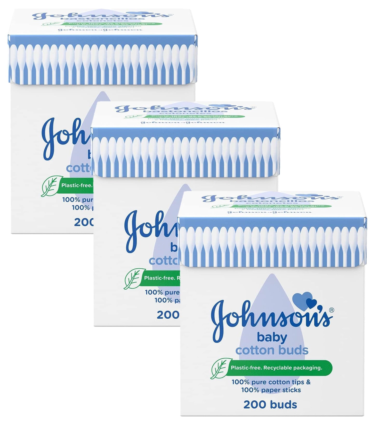 Johnson's Baby Cotton Buds (1 x Pack of 200) Soft & Gentle Ear Buds for Delicate Skin, Made of 100% Pure Cotton and Paper Sticks, Plastic-Free to Clean Delicate Areas, around Eyes and Outer Ear