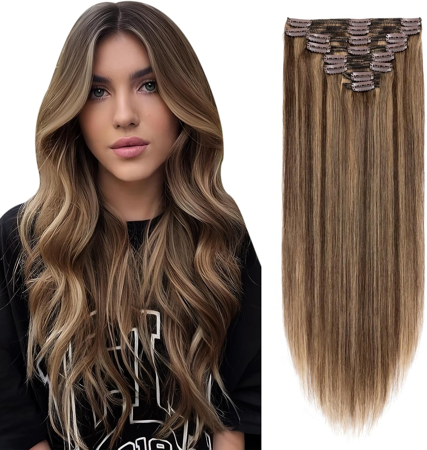 Elailite Clip in Hair Extensions Real Human Hair - 100% Remy Hair Straight 8 Pcs Thin Weft (#12/613 Golden Brown Mix Bleach Blonde, 10 Inch (50 g))