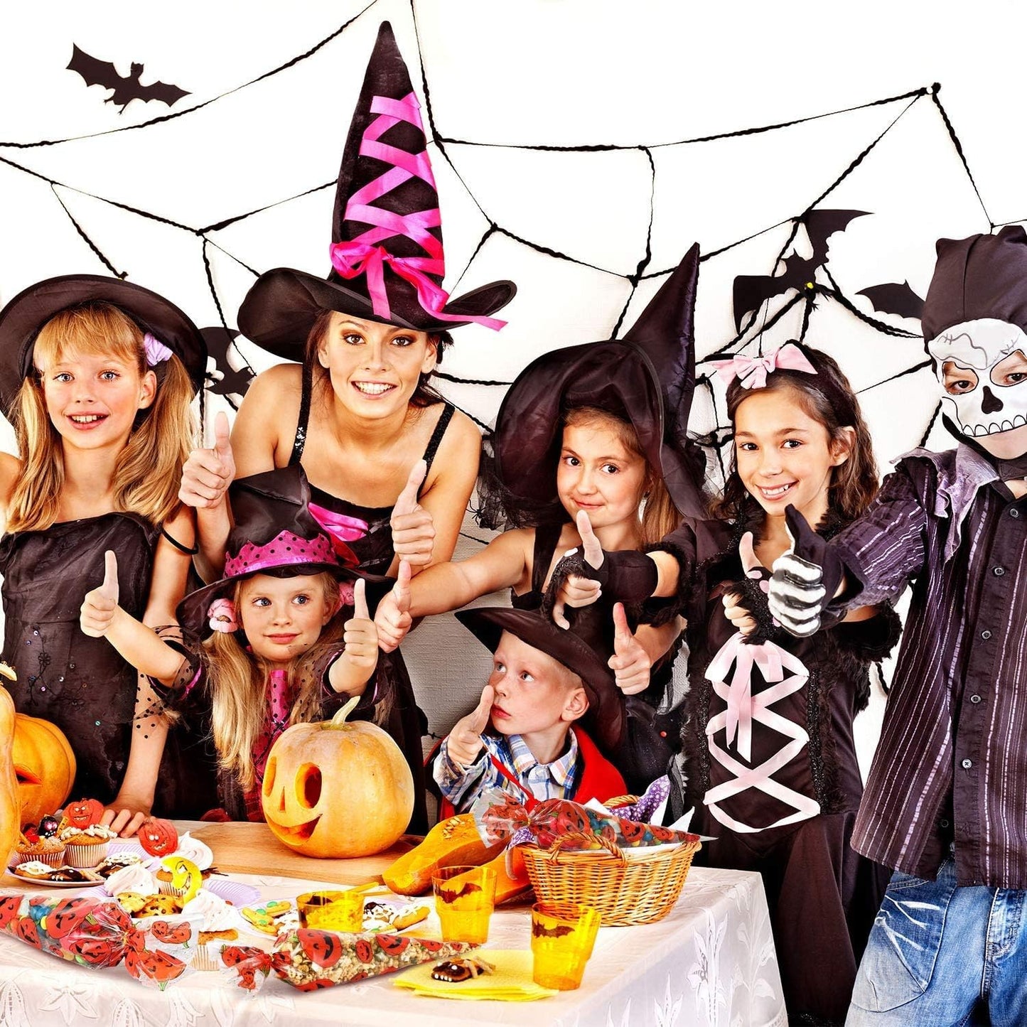 RFWIN 100Pcs Pumpkin Cone Bag Halloween Clear Cellophane Treat Bags Party Favor Bags with Gold Twist Ties for Candy Cookies