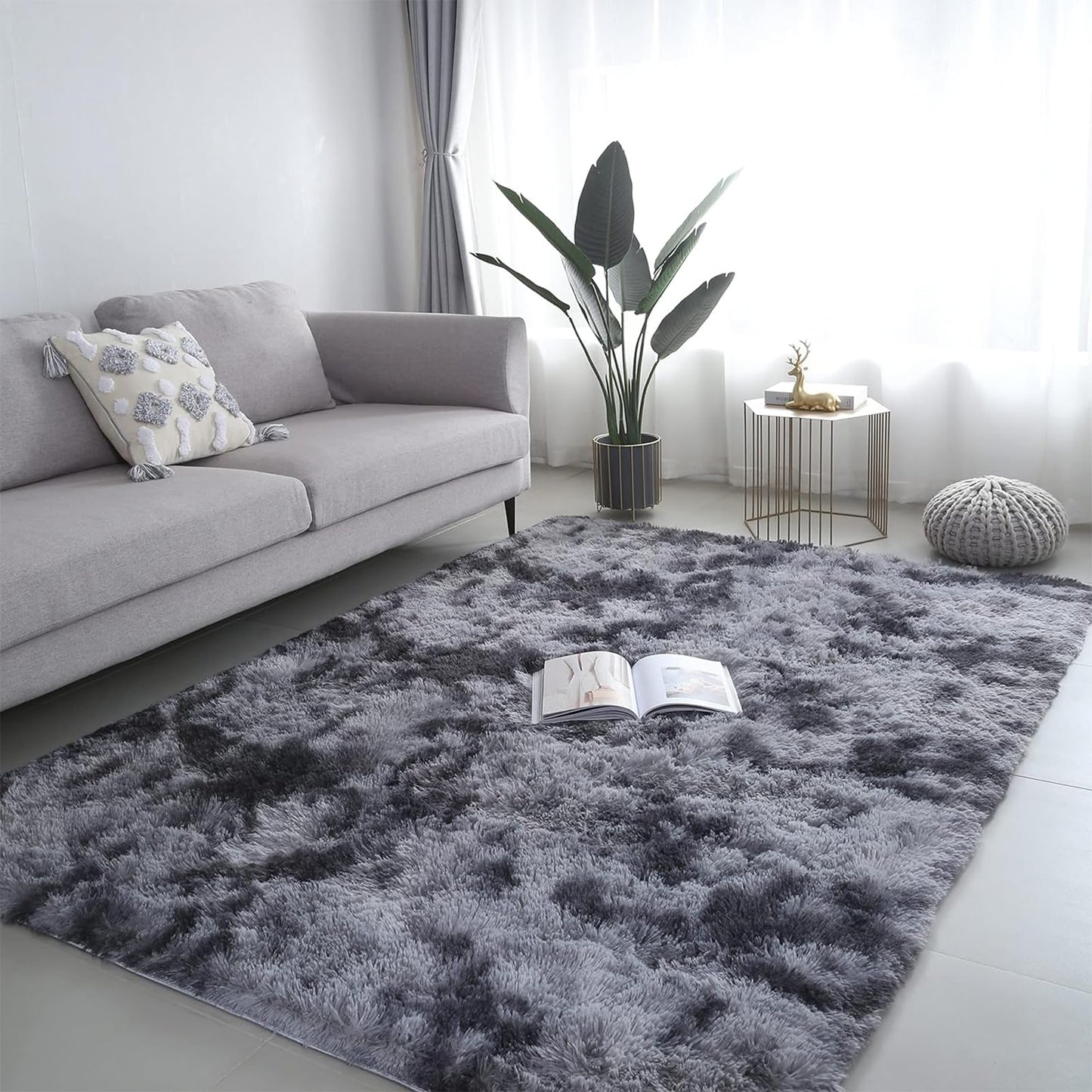 GJWLaie Rugs Living Room Grey Area Rugs for Bedroom Anti Silp Soft Shaggy Tie-Dye Plush Fluffy Living Room Rug Indoor Home Kidsroom Decor Carpet(Grey 120 * 160cm)