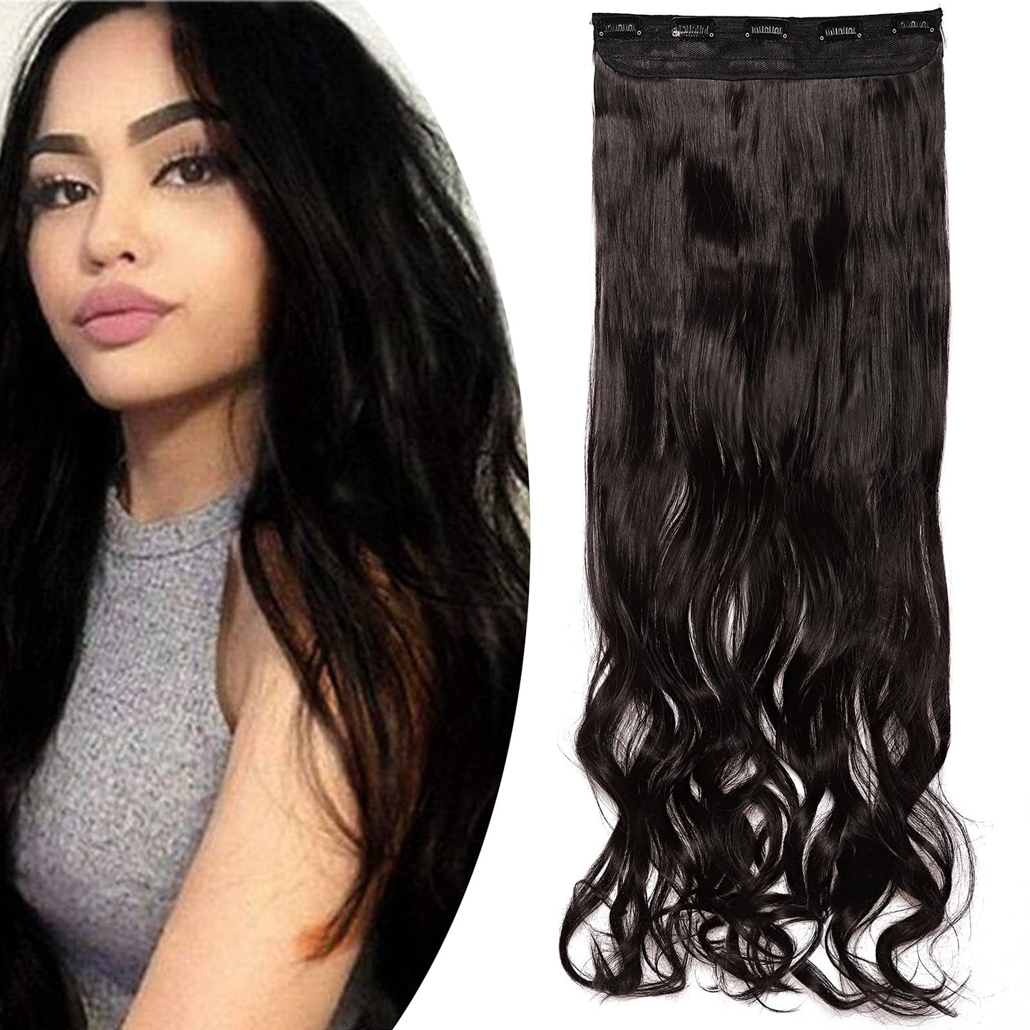 24 Inch One Piece Hair Extensions Clip In Curly Hairpieces Wavy 5 Clips - Dark Brown(60cm-120g)