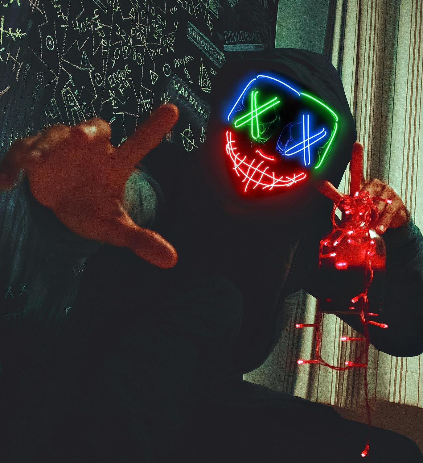 AnanBros Scary LED Halloween Mask, Light up Mask Cosplay, LED Rave Face Mask Costume 3 Lighting Modes, Halloween Face Masks for Men Women Kids