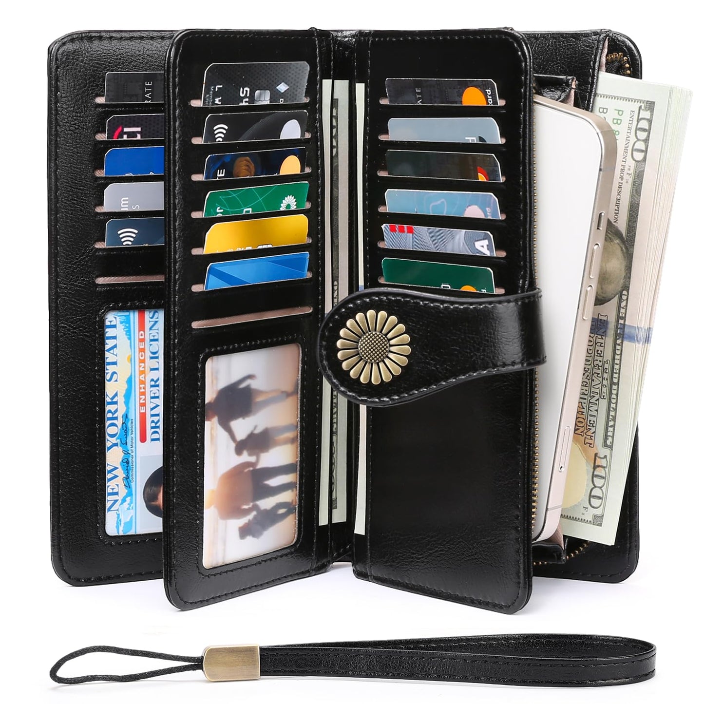 SENDEFN Genuine Leather Purses for Women, RFID Large Ladies Purse, Wallet for Women with Wrist Strap