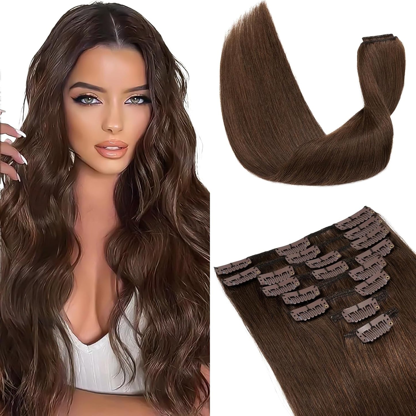 Elailite Clip in Hair Extensions Real Human Hair - 100% Remy Hair Straight 8 Pcs Thin Weft (#12/613 Golden Brown Mix Bleach Blonde, 10 Inch (50 g))