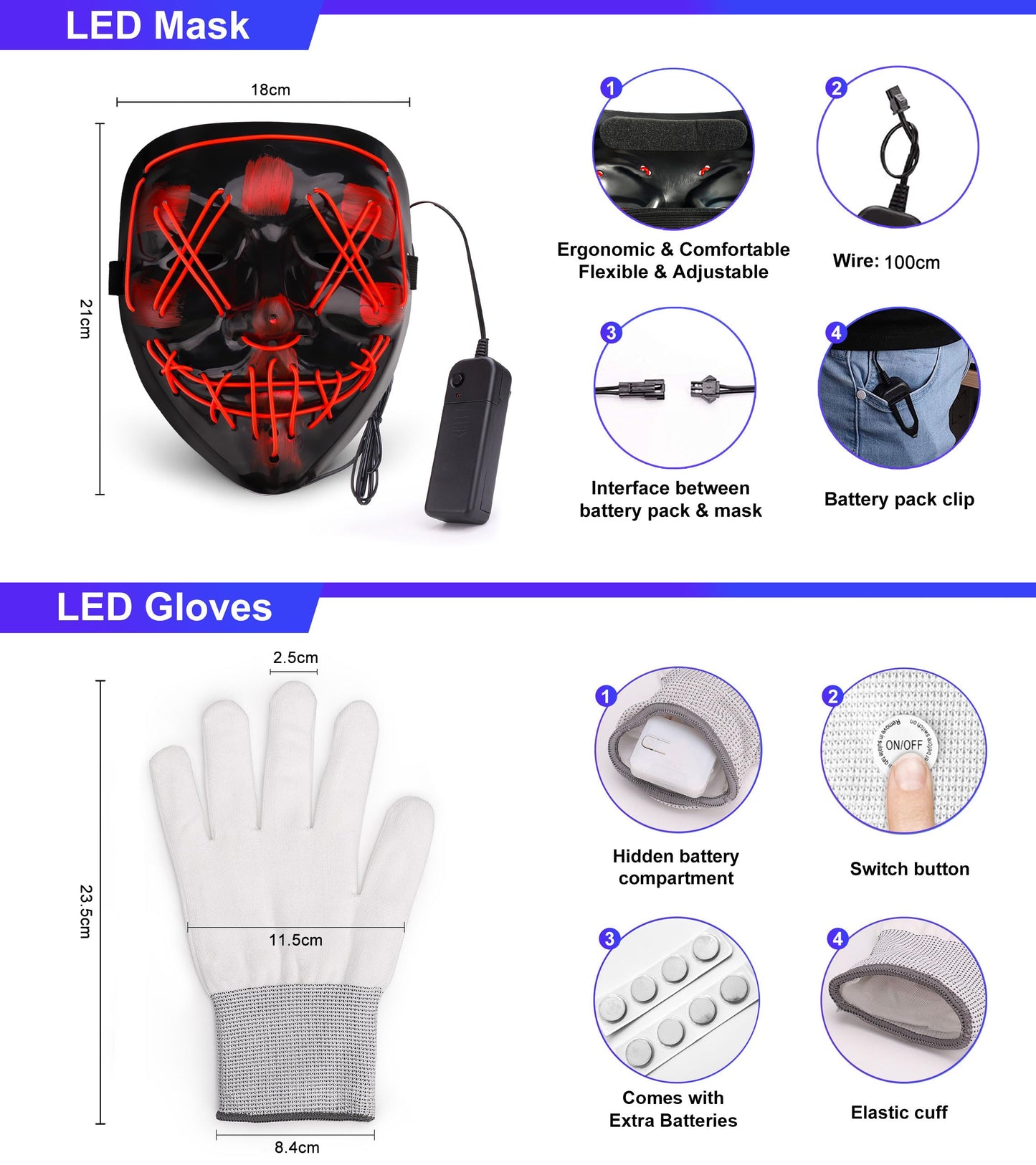 Colplay New LED Halloween Mask & Gloves in Multiple Light Modes, The Purge Mask Costume, Light up Scary Mask Gloves, Halloween Costumes for Women Kids Girls, Anonymous Neon Mask Halloween Gifts
