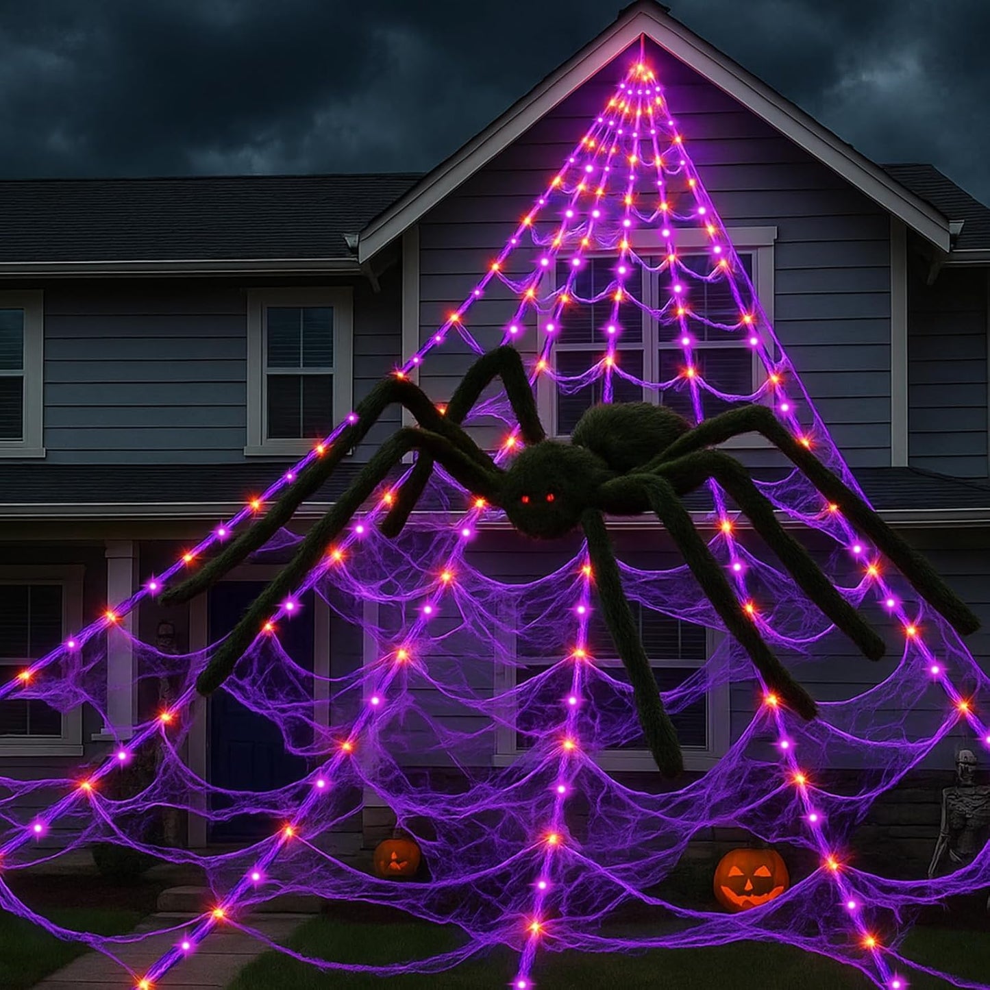 Halloween Decorations, 16.4FT Diameter Spider Web Lights with Black 4FT Spider, 250 LED Waterproof Net Lights, Remote Control, 8 Modes Cobweb for Yard House Garden Outdoor Indoor Party Haunted Decor
