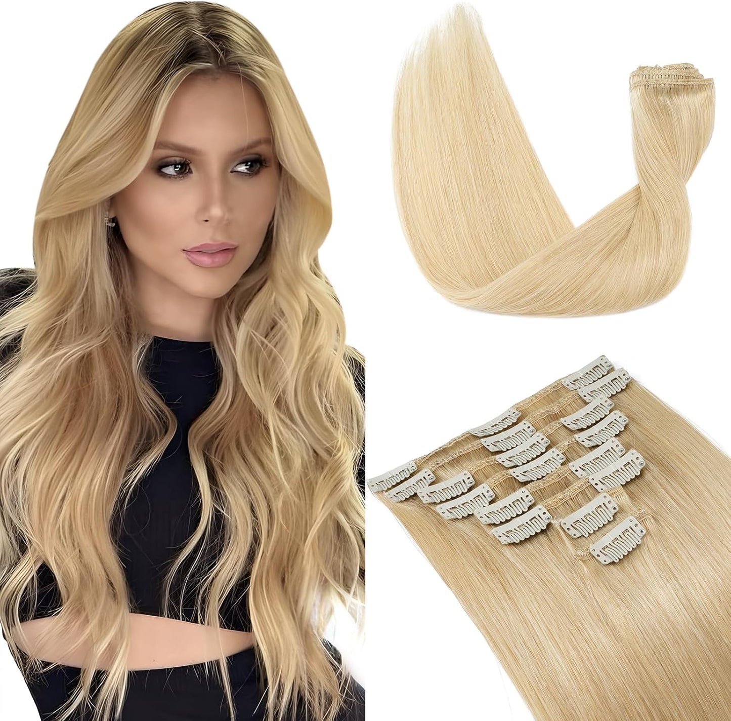 Elailite Clip in Hair Extensions Real Human Hair - 100% Remy Hair Straight 8 Pcs Thin Weft (#12/613 Golden Brown Mix Bleach Blonde, 10 Inch (50 g))