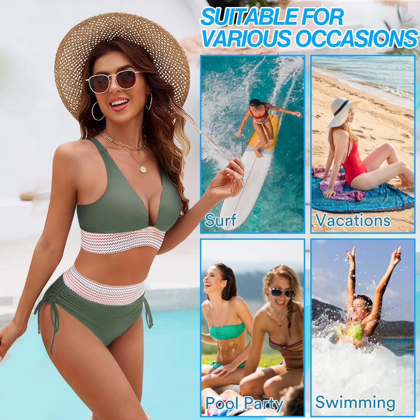 Women's High Waisted Bikini Set Tummy Control Swimwear with Adjustable Shoulder Straps 2 Piece Beach Holiday Swimming Costume for Pool Vacation Spa