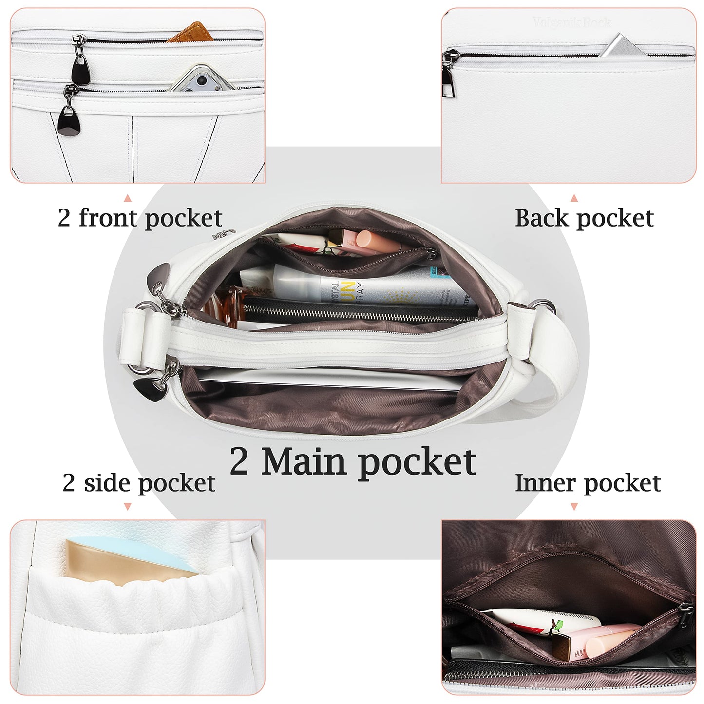 VOLGANIK ROCK White Medium Hobo Handbag for Women - Elegant Utility Cross-Body & Shoulder Bag - Work & Travel