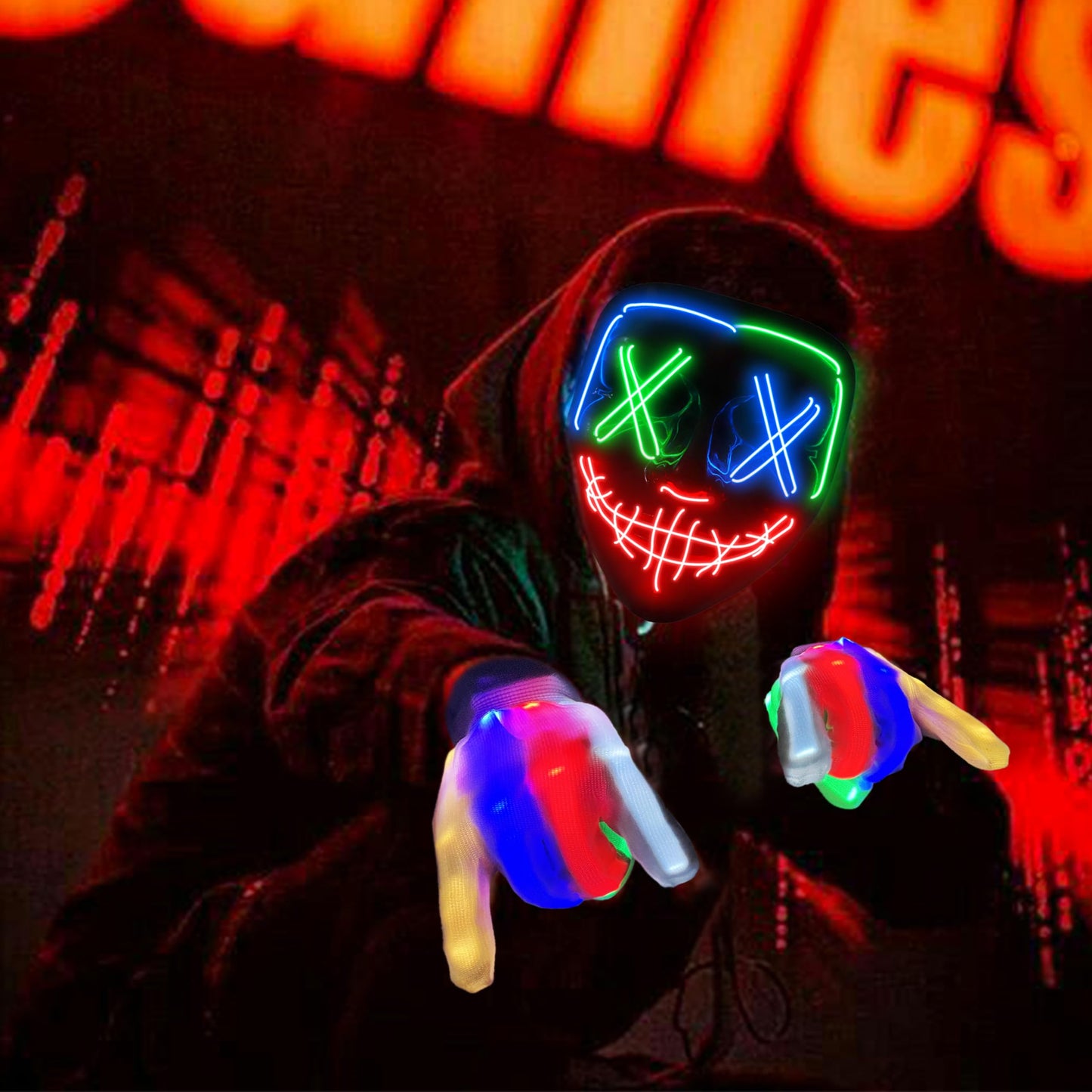 Colplay New LED Halloween Mask & Gloves in Multiple Light Modes, The Purge Mask Costume, Light up Scary Mask Gloves, Halloween Costumes for Women Kids Girls, Anonymous Neon Mask Halloween Gifts