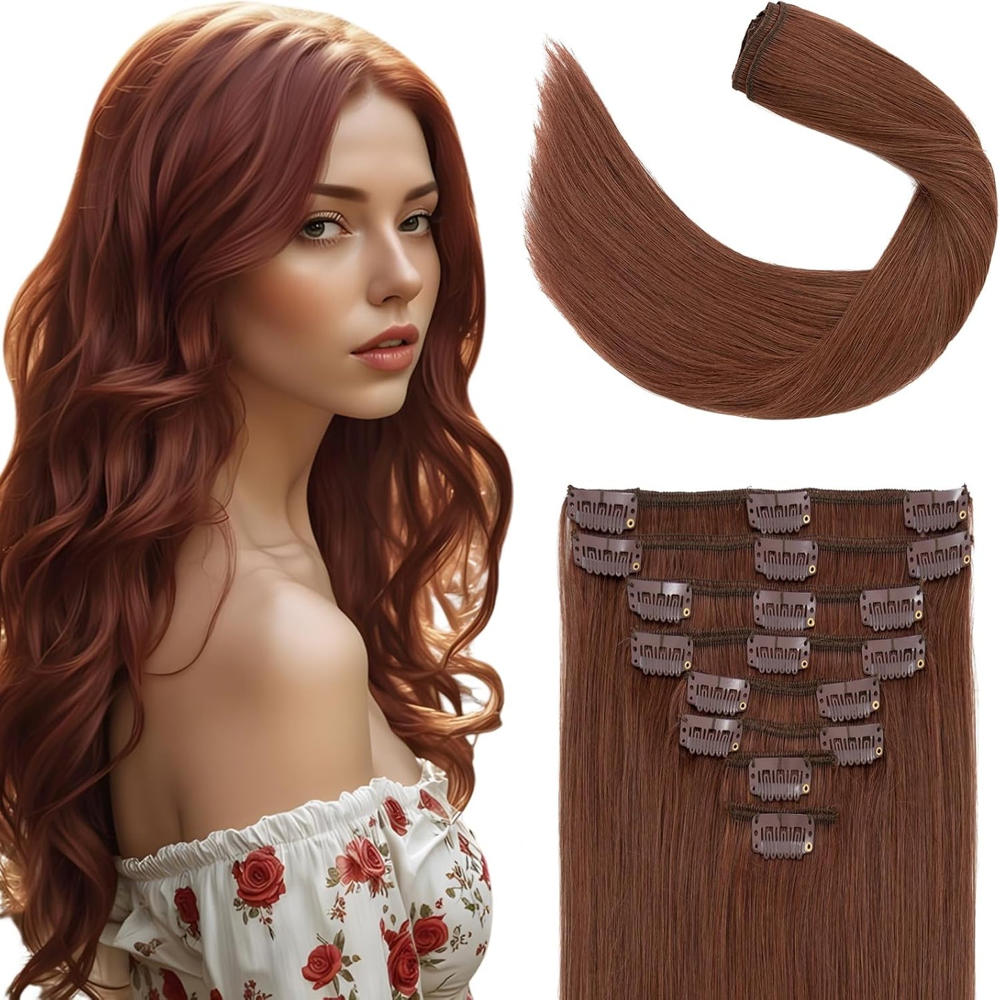 Elailite Clip in Hair Extensions Real Human Hair - 100% Remy Hair Straight 8 Pcs Thin Weft (#12/613 Golden Brown Mix Bleach Blonde, 10 Inch (50 g))