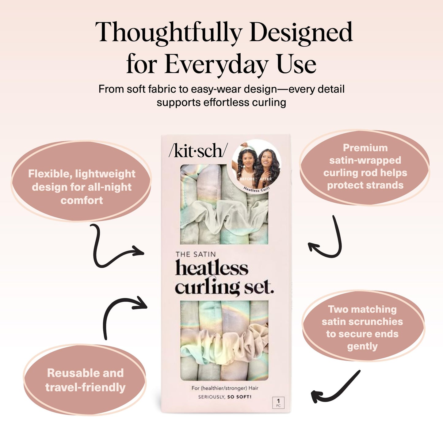 Kitsch Heatless Curling Set - Satin Heatless Curler, Hair Curler No Heat, Heatless Curler for long and short hair, Overnight Curls with 2 Satin Scrunchies and Blowout Rod - Sunset Tie Dye