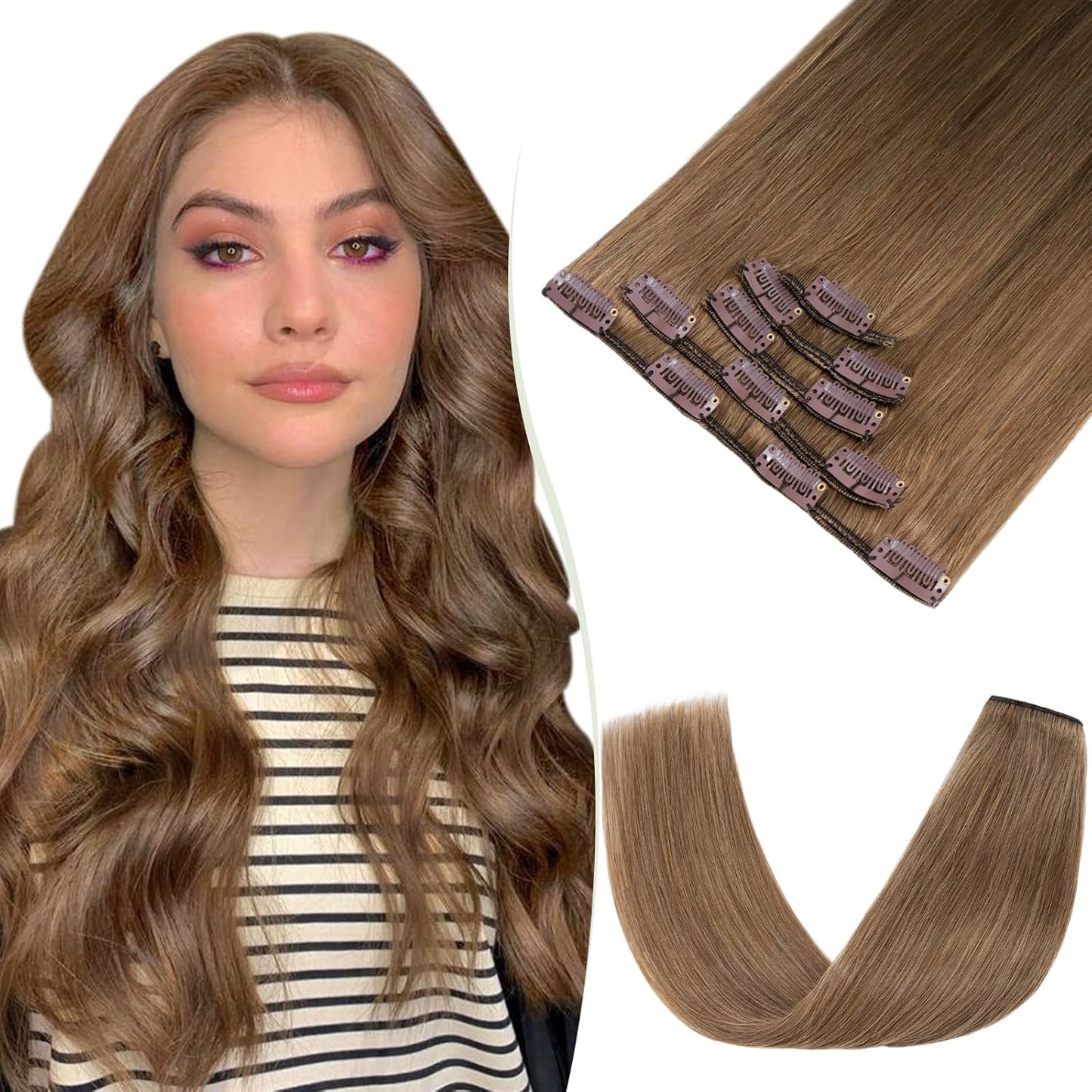 TESS Clip in Hair Extensions Real Human Hair Highlighted Remy Seamless 8 Pieces Straight Short for Women/Girls (#12P613 Golden Brown & Bleach Blonde, 10 Inch 50g)