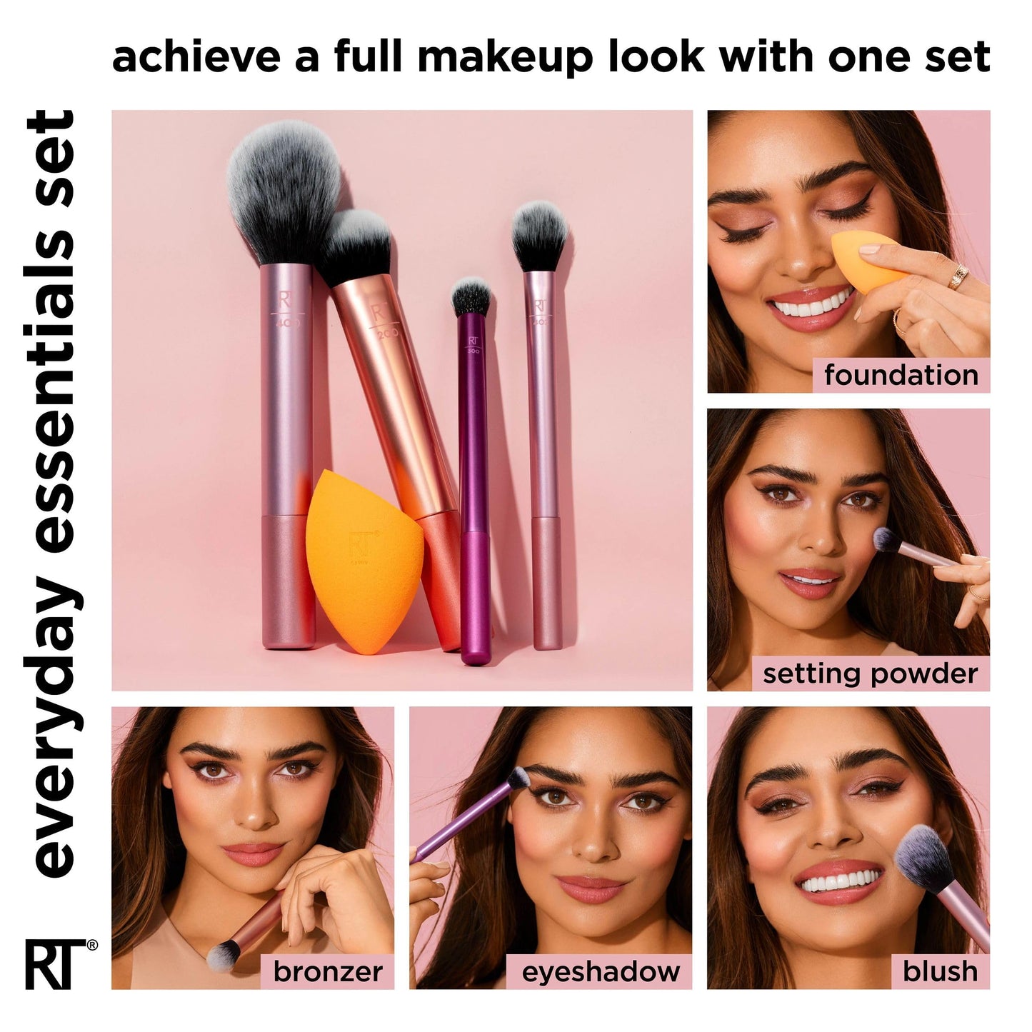 REAL TECHNIQUES,5 Count (Pack of 1) Everyday Essentials Makeup Brush Complete Face Set (Miracle Complexion Sponge, Expert Face, Blush, Setting and Deluxe Crease Brushes)